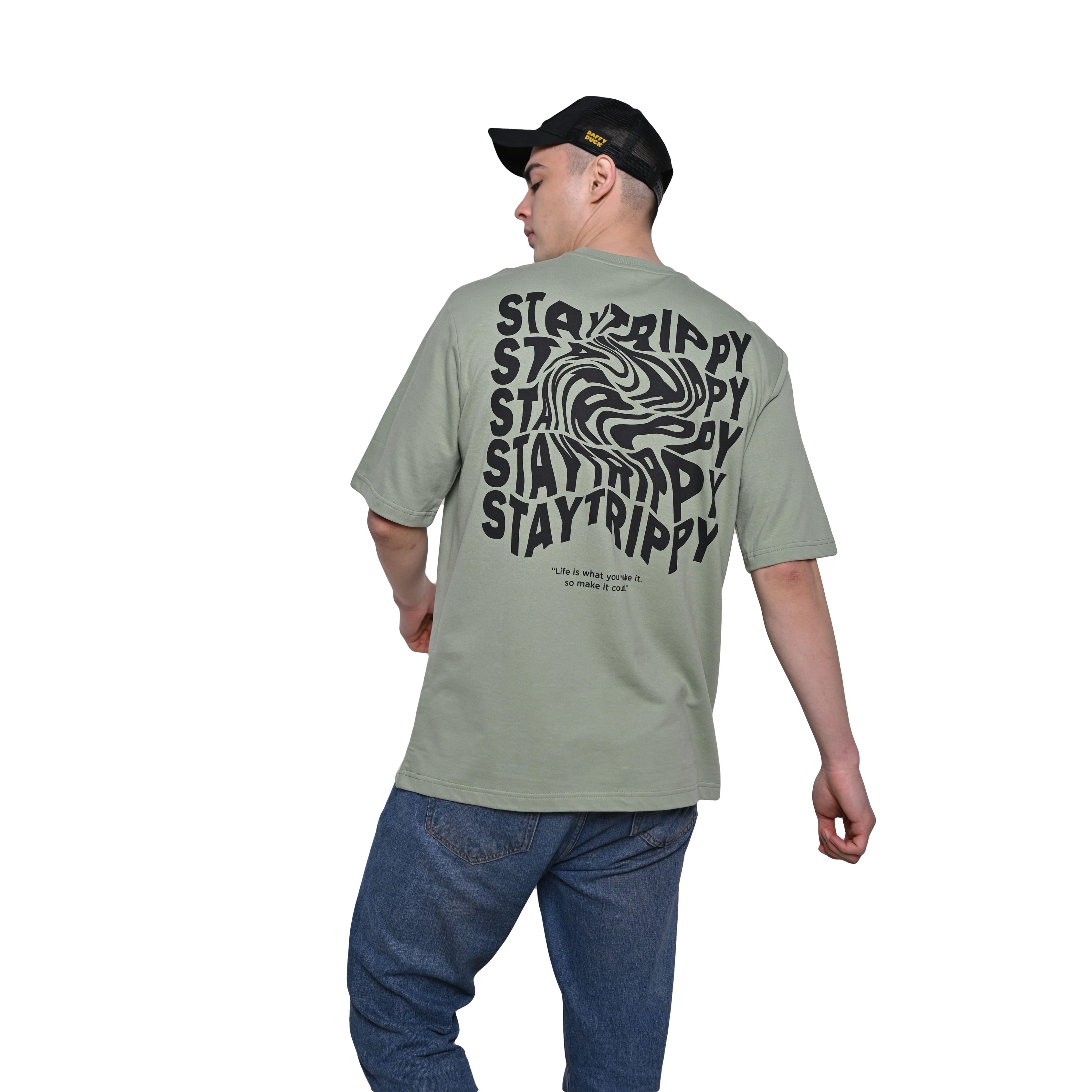 Star Trippy T-Shirt: Light Green, Oversized, Back Model Pose, Bio-Washed Cotton Printed by Techno Be With You
