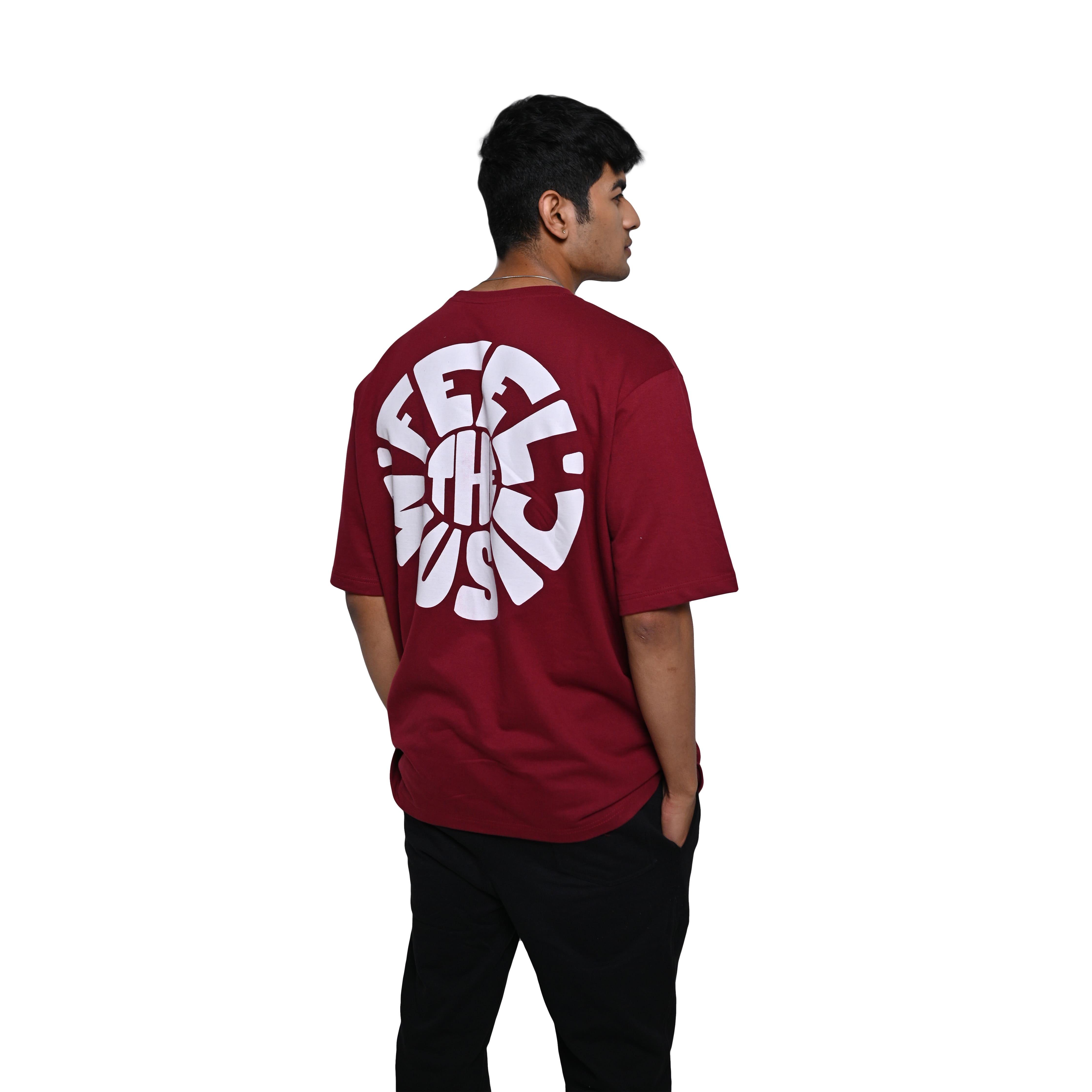 Feel the music T-Shirt: Dark Red, Oversized, Back Model Pose, Bio-Washed Cotton Printed by Techno Be With You