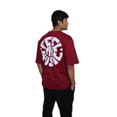 Feel the music T-Shirt: Dark Red, Oversized, Back Model Pose, Bio-Washed Cotton Printed by Techno Be With You