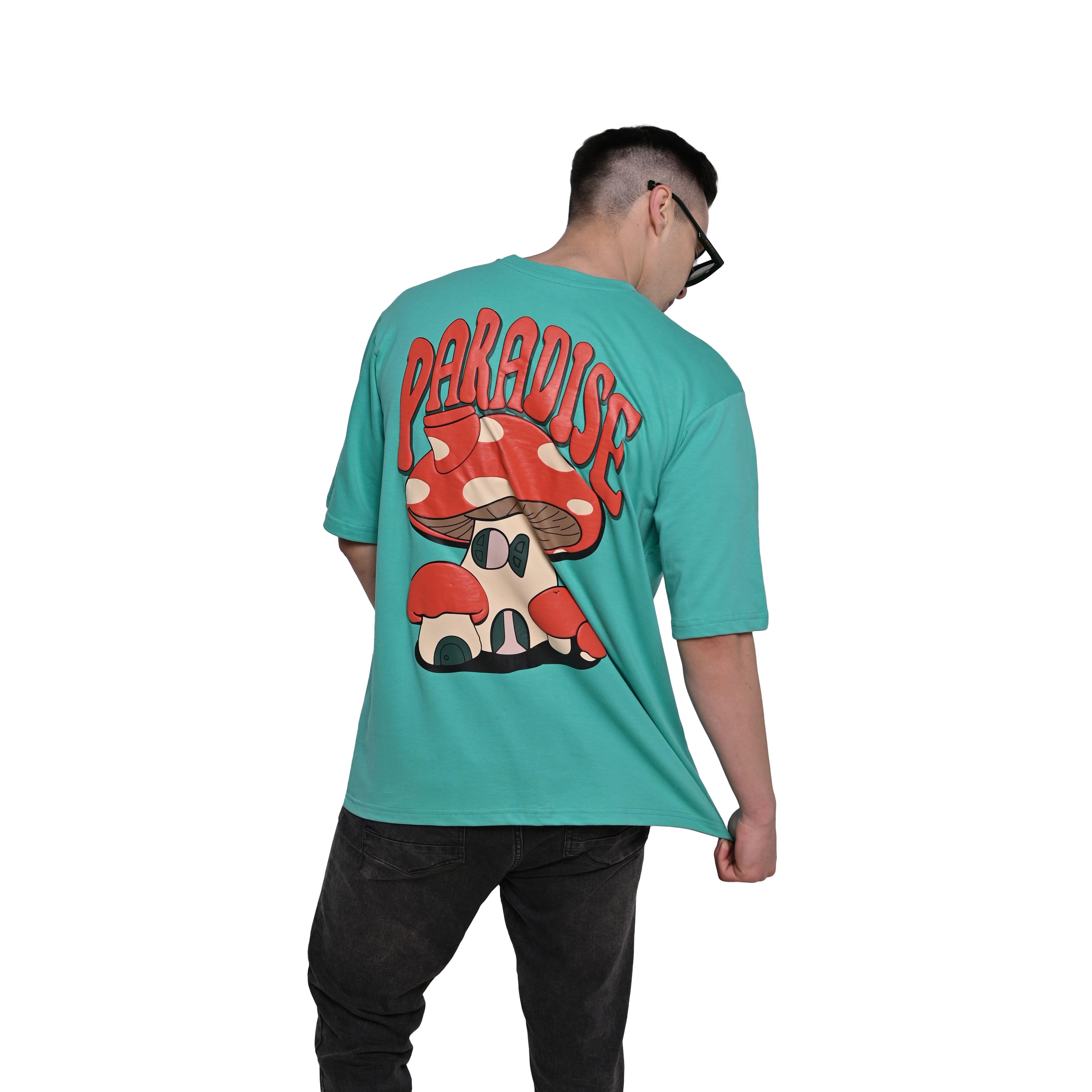 Magic Mushroom T-Shirt: Bright Green, Oversized, Back Model Pose, Bio-Washed Cotton Printed by Techno Be With You