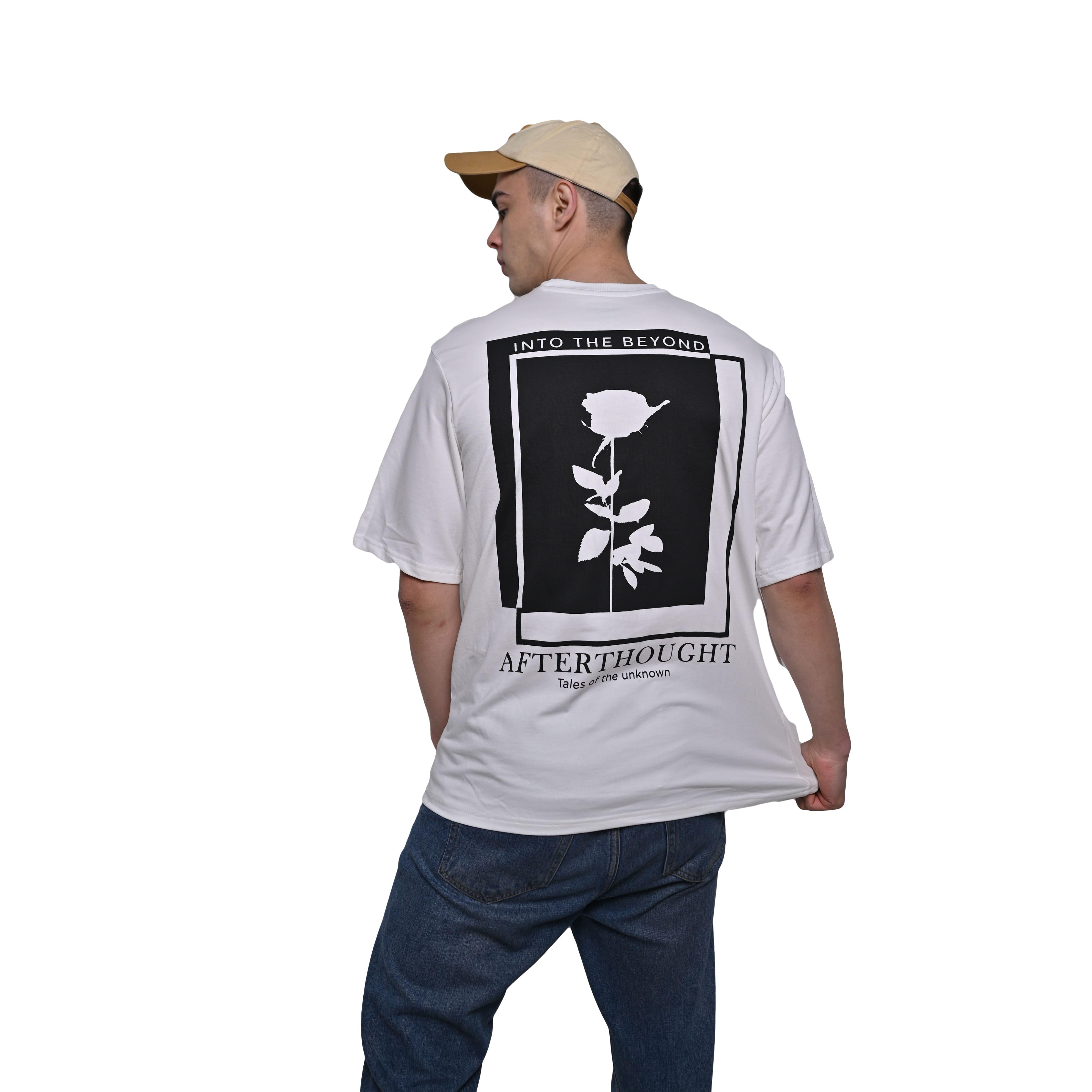 Afterthought Oversized T-Shirt: White, Oversized, Back Model Pose, Bio-Washed Cotton Printed by Techno Be With You