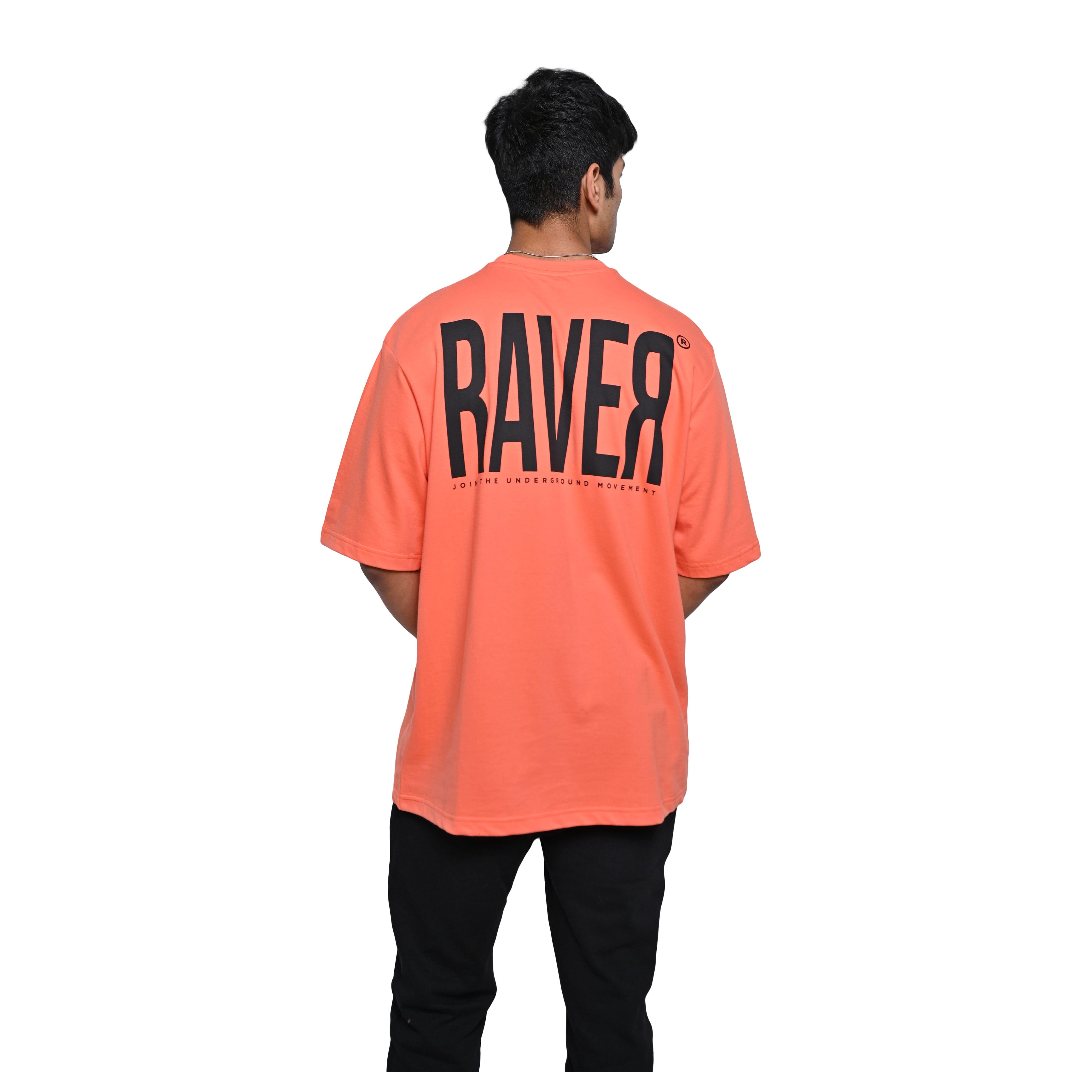 Raver T-Shirt: Orange, Oversized, Back Model Pose, Bio-Washed Cotton Printed by Techno Be With You
