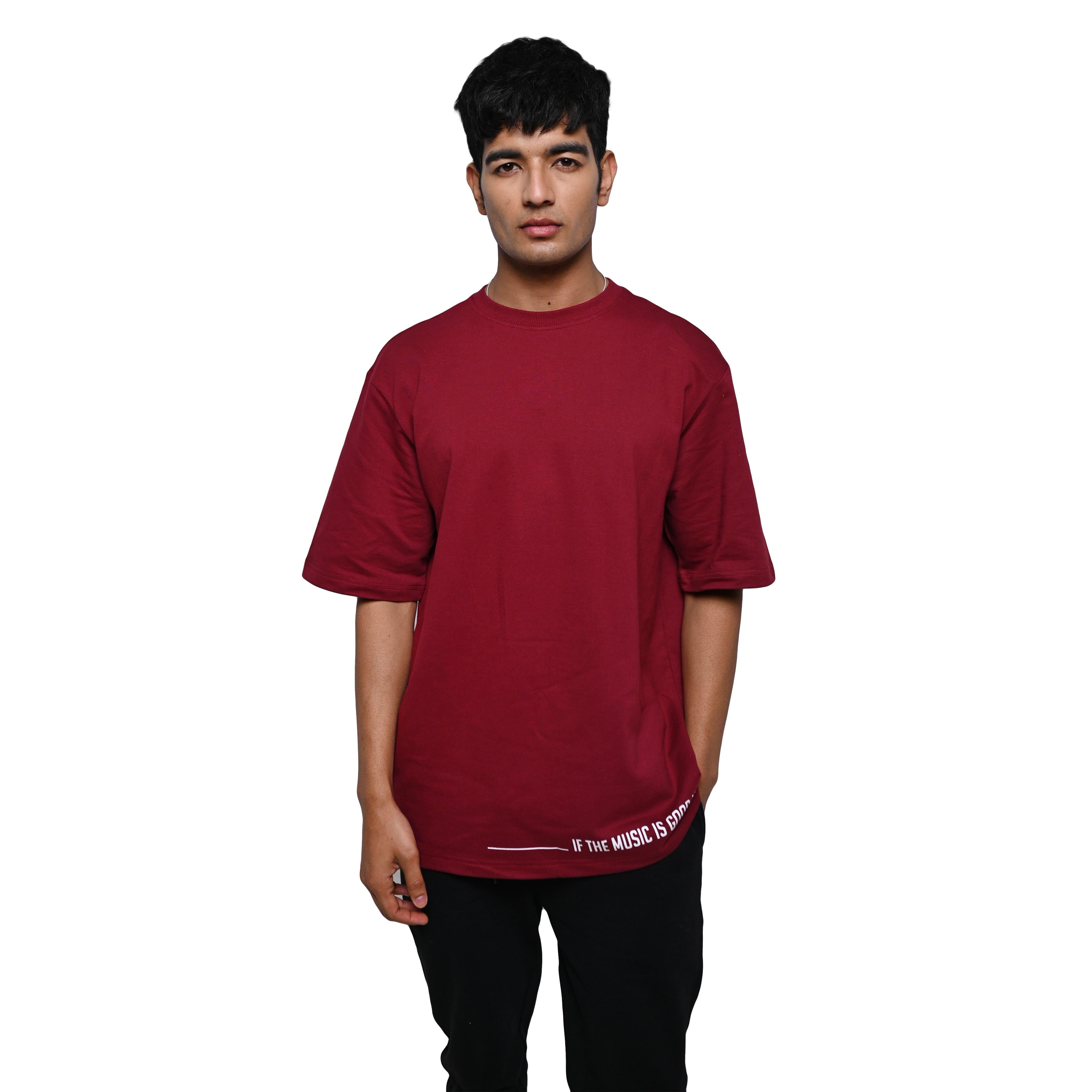 Feel the music T-Shirt: Dark Red, Oversized, Front Model Pose, Bio-Washed Cotton Printed by Techno Be With You