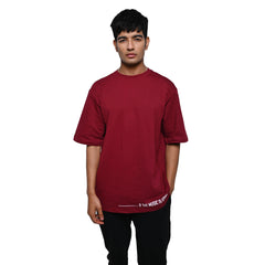 Feel the music T-Shirt: Dark Red, Oversized, Front Model Pose, Bio-Washed Cotton Printed by Techno Be With You