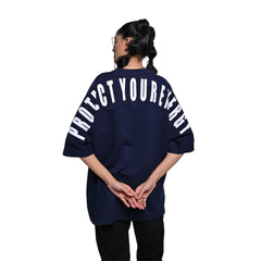 Protect Your Energy T-Shirt: Blue, Oversized, Back Model Pose, Bio-Washed Cotton Printed by Techno Be With You