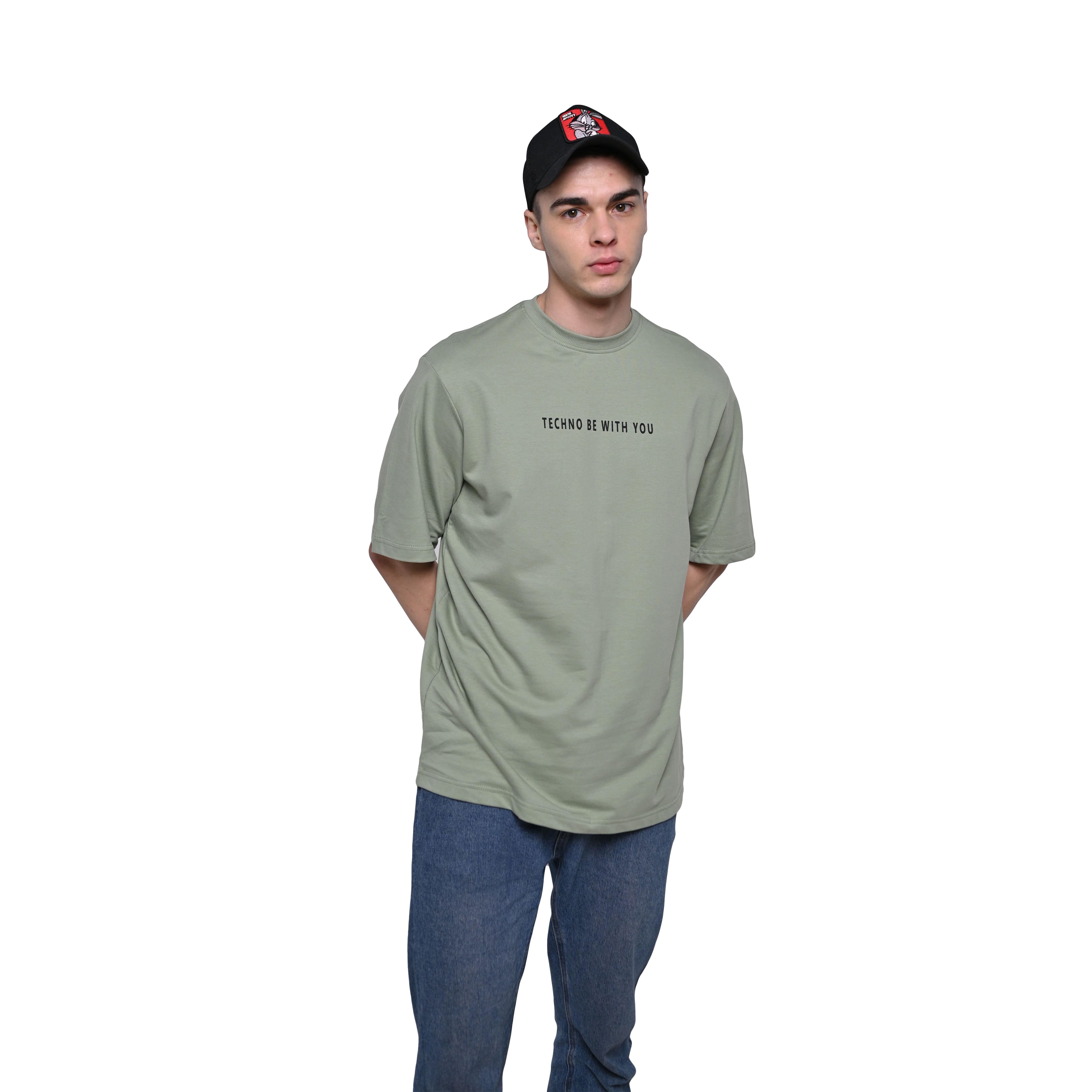 Star Trippy T-Shirt: Light Green, Oversized, Front Model Pose, Bio-Washed Cotton Printed by Techno Be With You