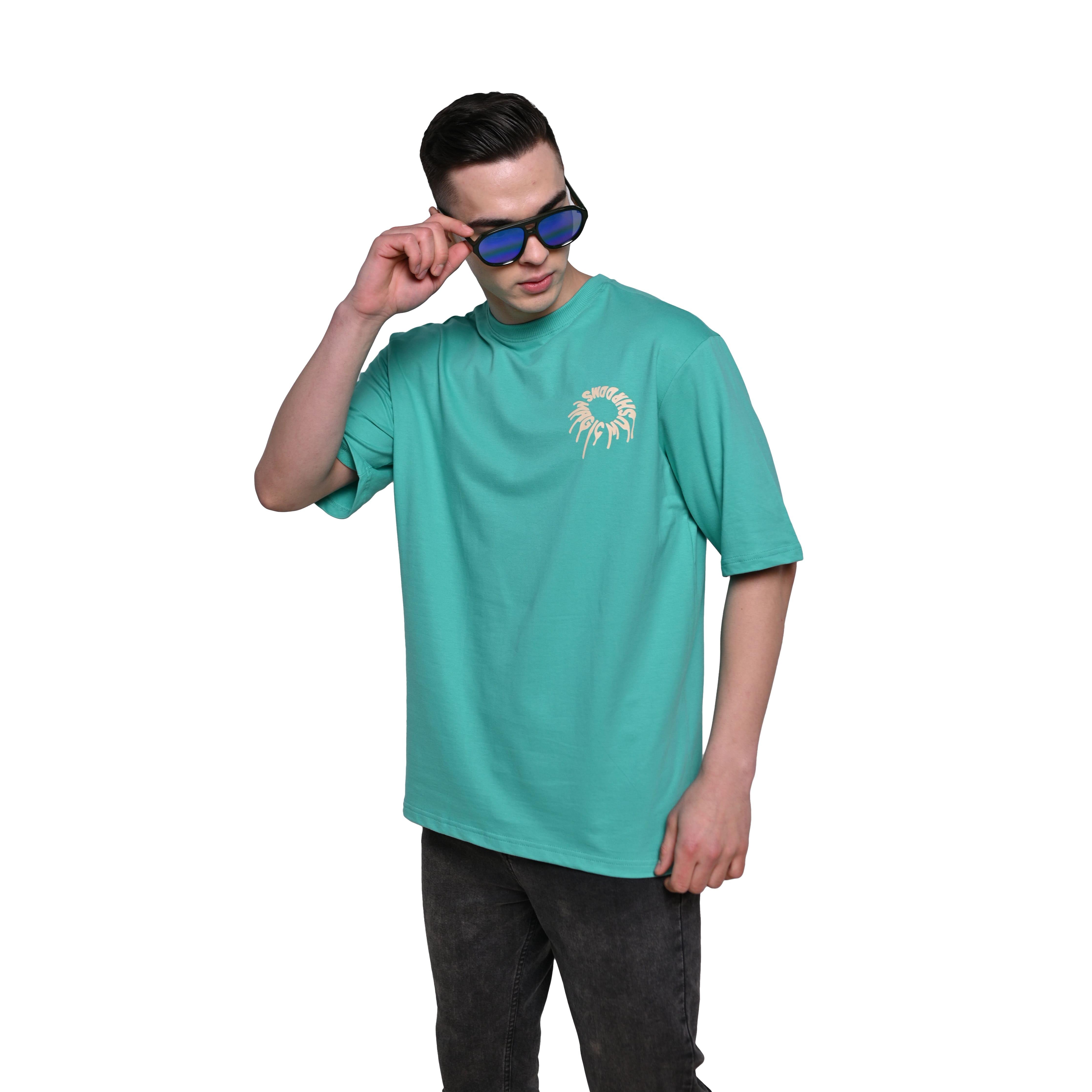 Magic Mushroom T-Shirt: Bright Green, Oversized, Front Model Pose, Bio-Washed Cotton Printed by Techno Be With You