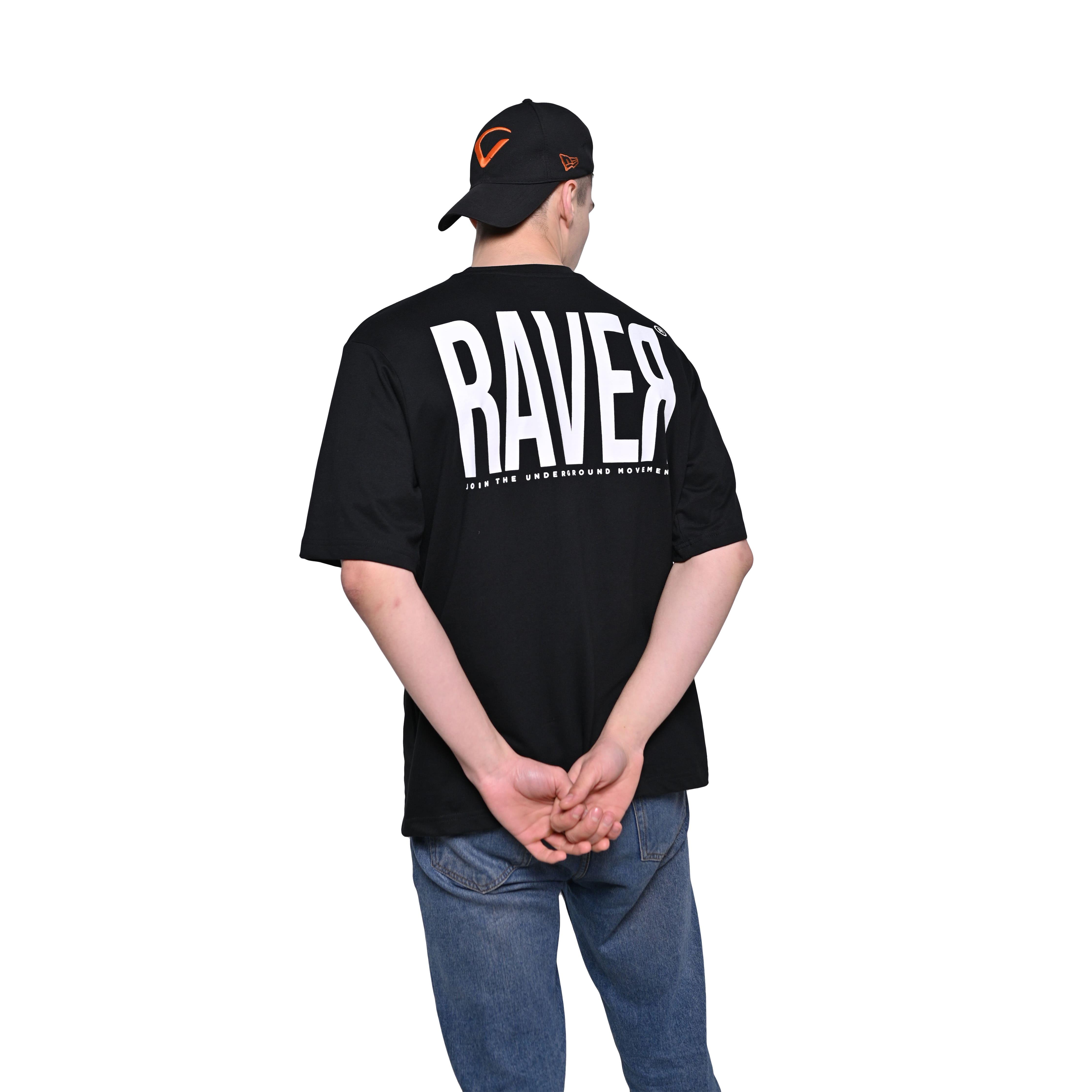 Raver T-Shirt: Black, Oversized, Back Model Pose, Bio-Washed Cotton Printed by Techno Be With You