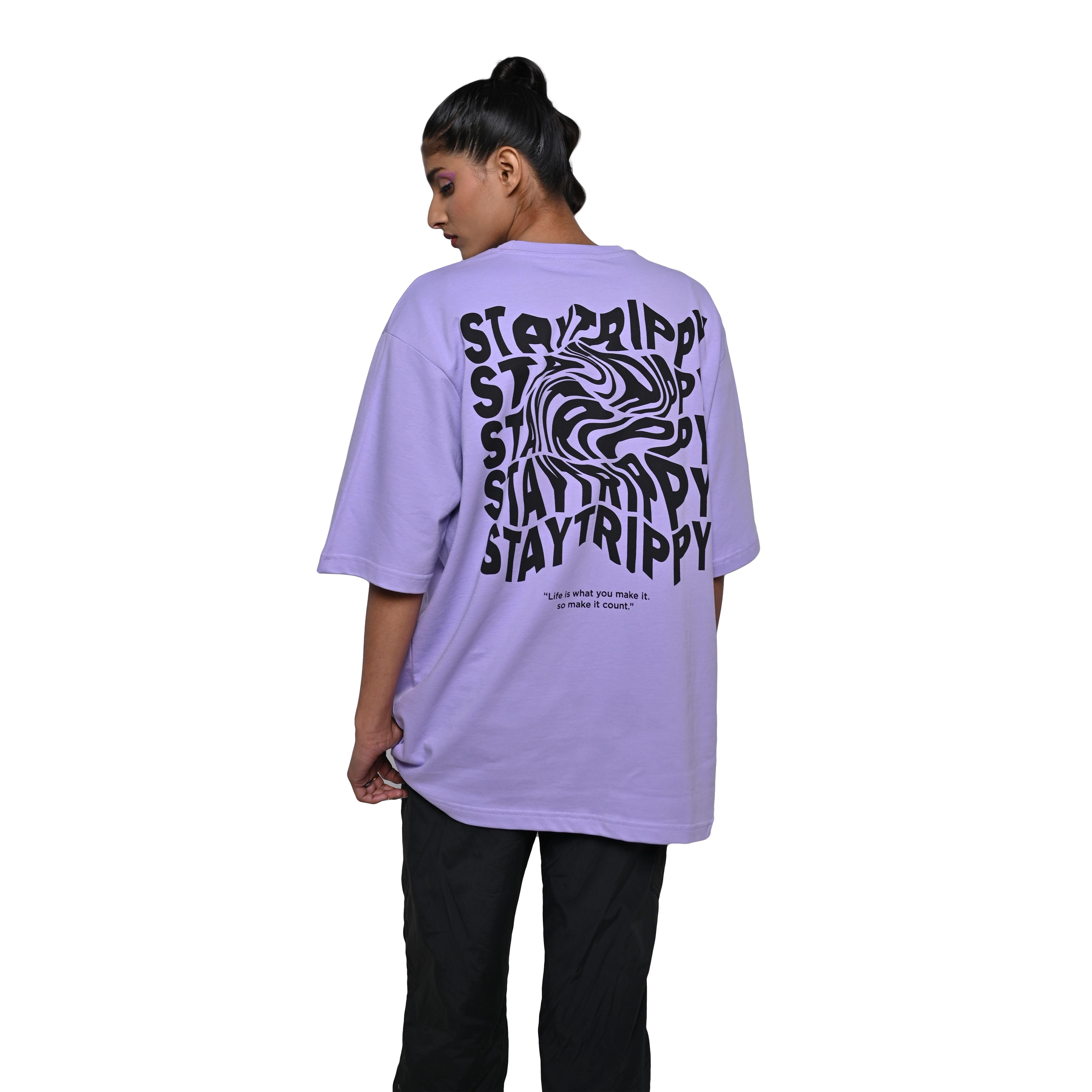 Star Trippy T-Shirt: Lavender, Oversized, Back Model Pose, Bio-Washed Cotton Printed by Techno Be With You