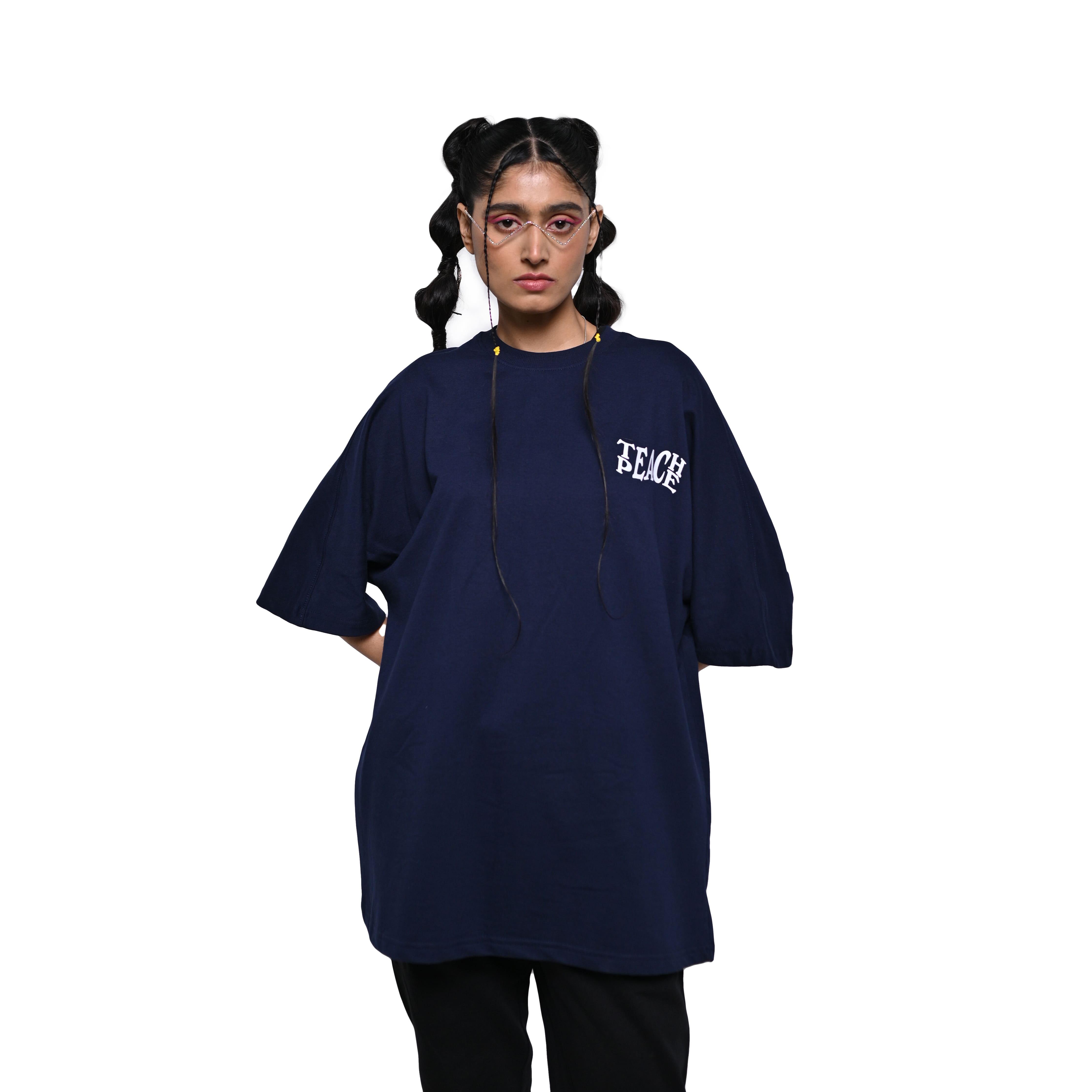 Protect Your Energy T-Shirt: Blue, Oversized, Front Model Pose, Bio-Washed Cotton Printed by Techno Be With You