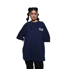 Protect Your Energy T-Shirt: Blue, Oversized, Front Model Pose, Bio-Washed Cotton Printed by Techno Be With You