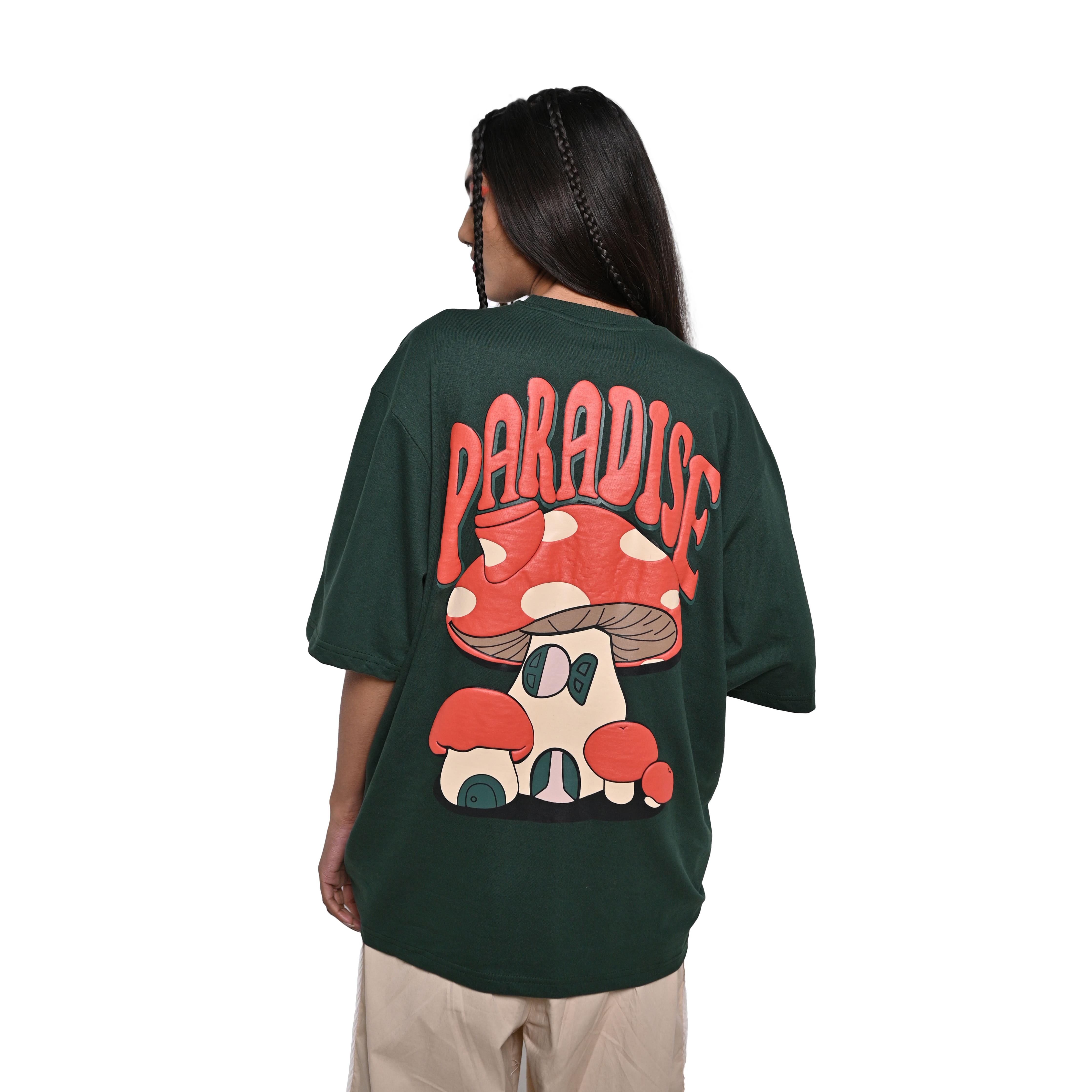Magic Mushroom T-Shirt: Olive, Oversized, Back Model Pose, Bio-Washed Cotton Printed by Techno Be With You