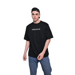 Raver T-Shirt: Black, Oversized, Front Model Pose, Bio-Washed Cotton Printed by Techno Be With You
