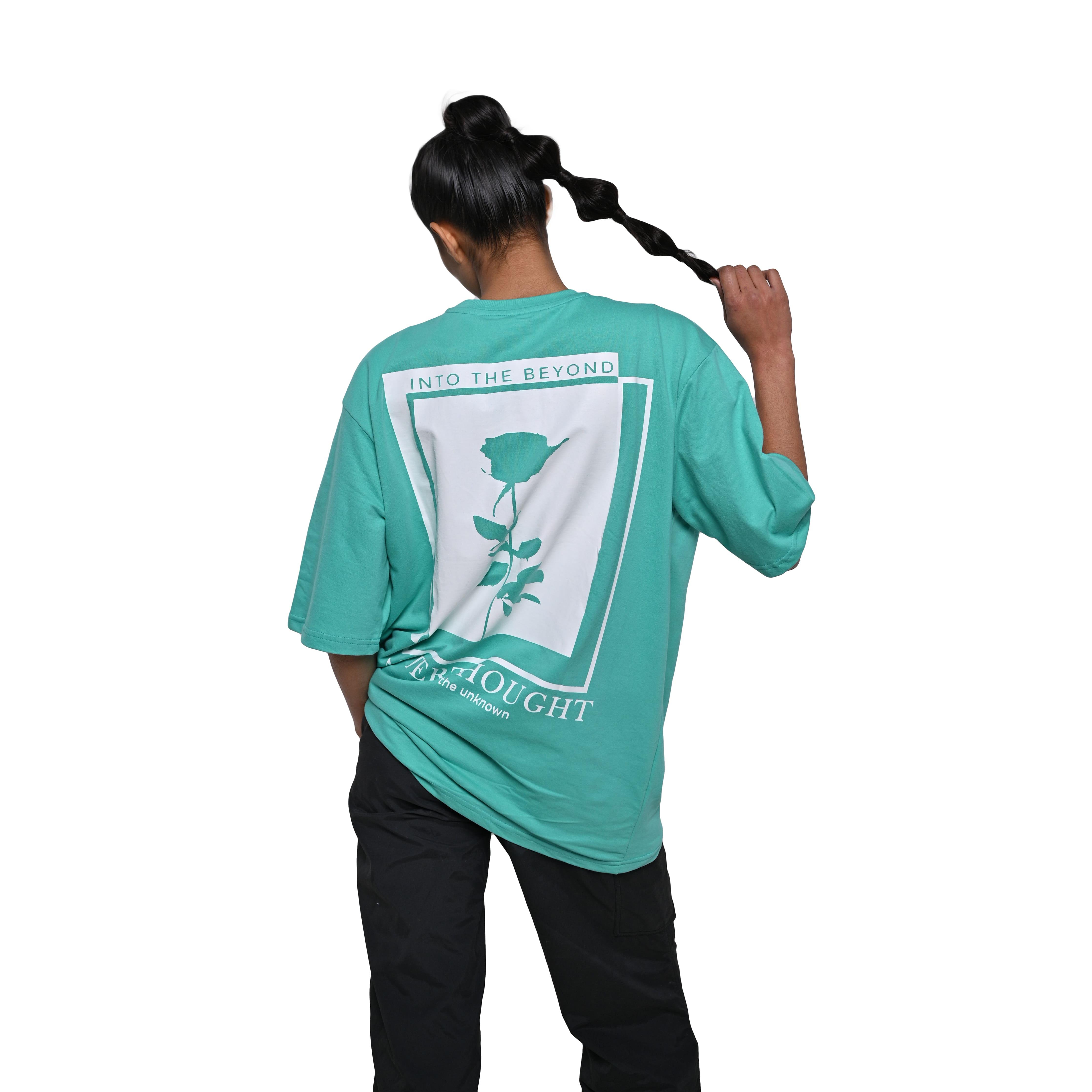 Afterthought Oversized T-Shirt: Bright Green, Oversized, Back Model Pose, Bio-Washed Cotton Printed by Techno Be With You