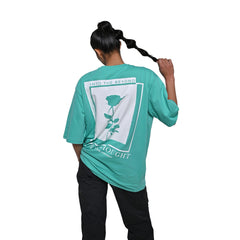 Afterthought Oversized T-Shirt: Bright Green, Oversized, Back Model Pose, Bio-Washed Cotton Printed by Techno Be With You