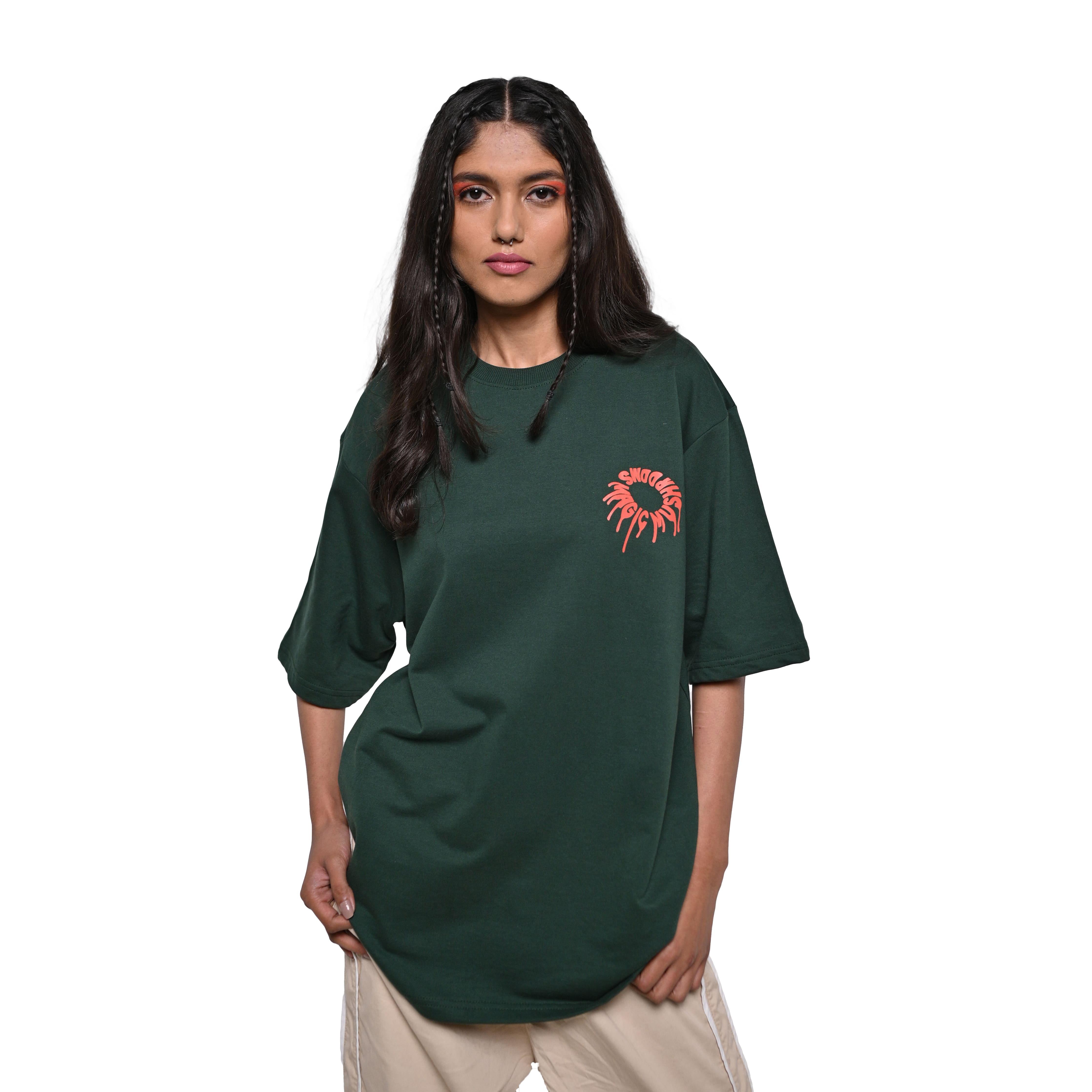 Magic Mushroom T-Shirt: Olive, Oversized, Front Model Pose, Bio-Washed Cotton Printed by Techno Be With You