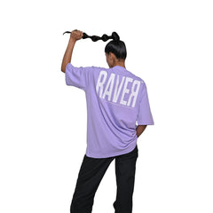 Raver T-Shirt: Lavender, Oversized, Back Model Pose, Bio-Washed Cotton Printed by Techno Be With You