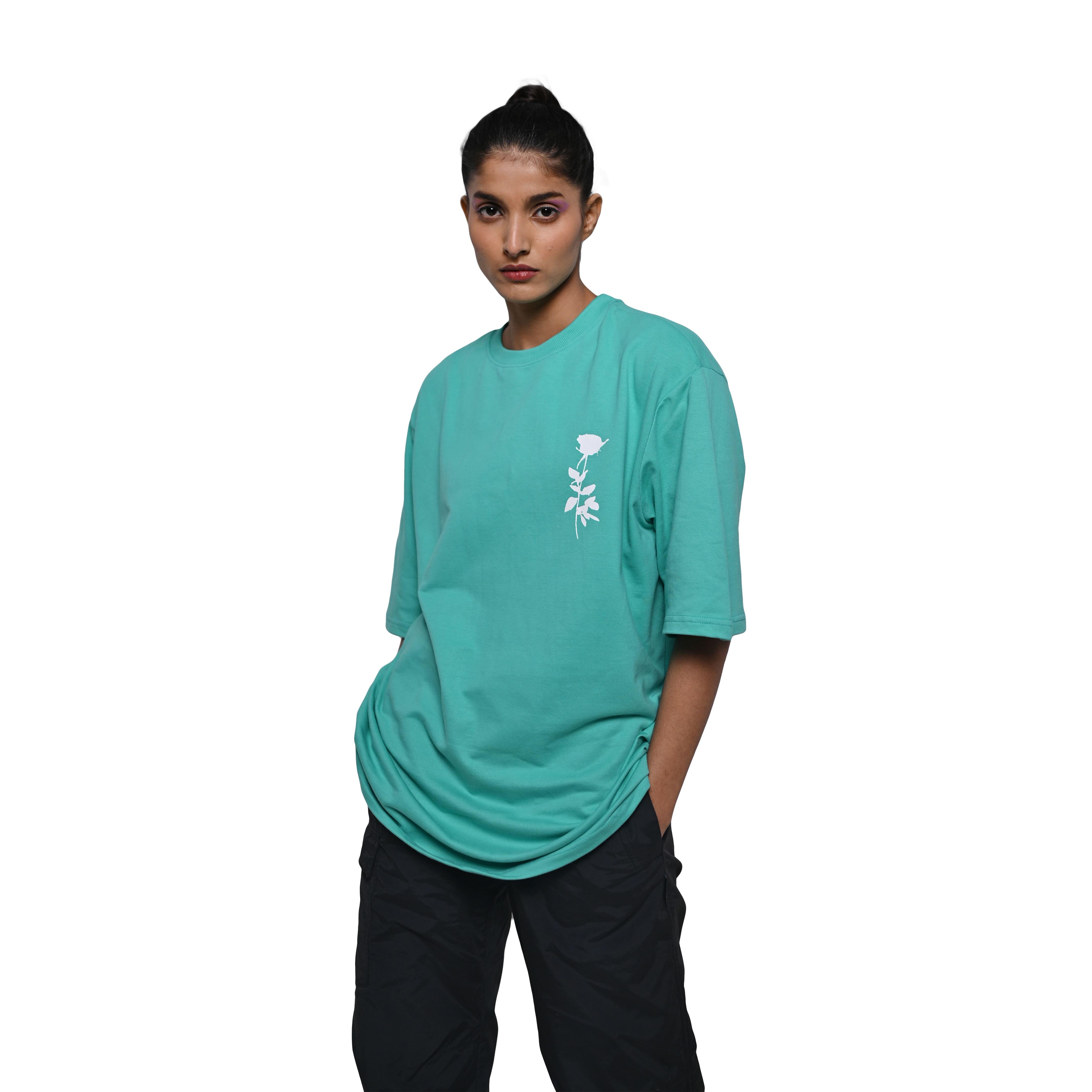 Afterthought Oversized T-Shirt: Bright Green, Oversized, Front Model Pose, Bio-Washed Cotton Printed by Techno Be With You