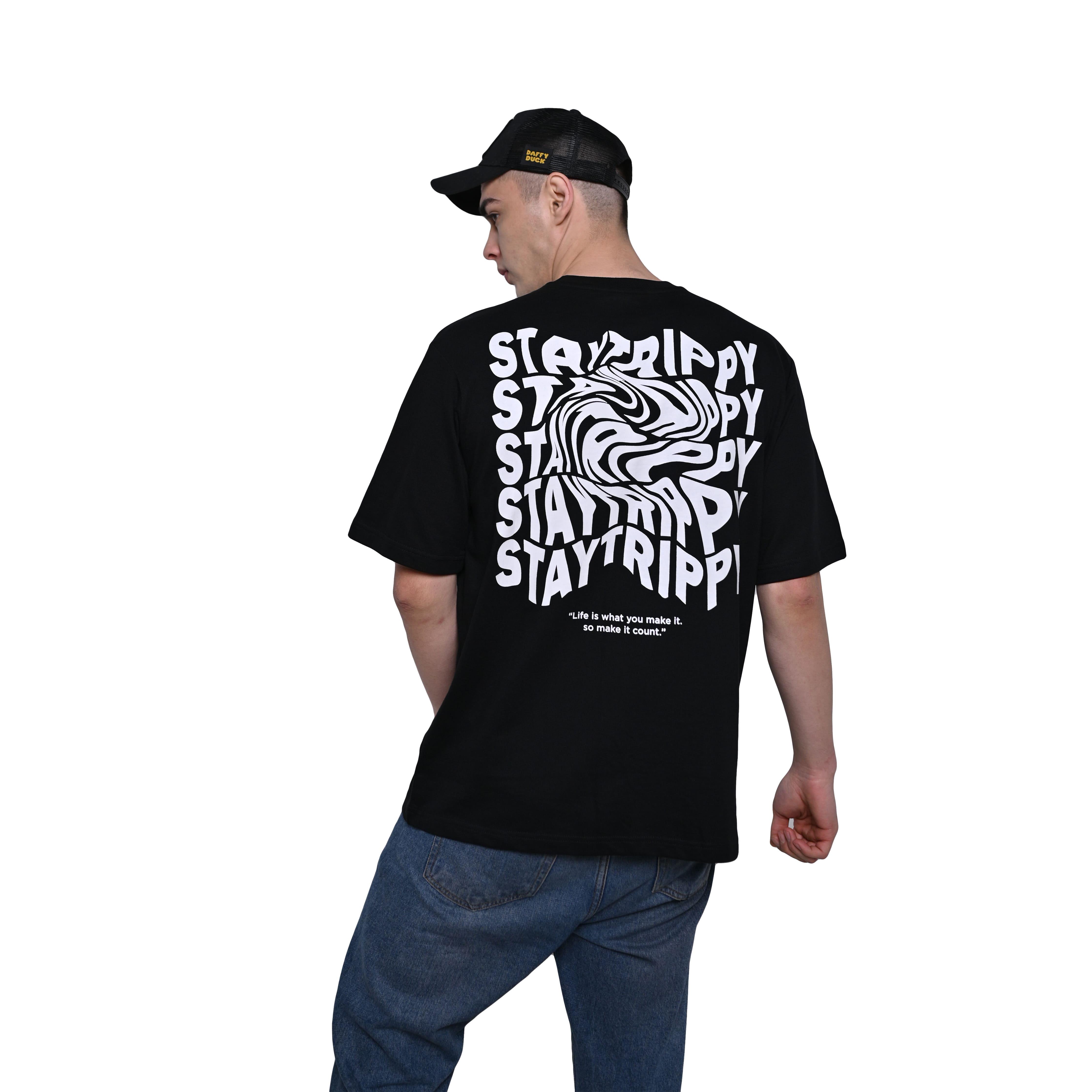 Star Trippy T-Shirt: Black, Oversized, Back Model Pose, Bio-Washed Cotton Printed by Techno Be With You
