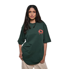 Magic Mushroom T-Shirt: Olive, Oversized, Front Model Pose, Bio-Washed Cotton Printed by Techno Be With You