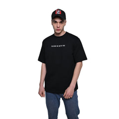 Star Trippy T-Shirt: Black, Oversized, Front Model Pose, Bio-Washed Cotton Printed by Techno Be With You