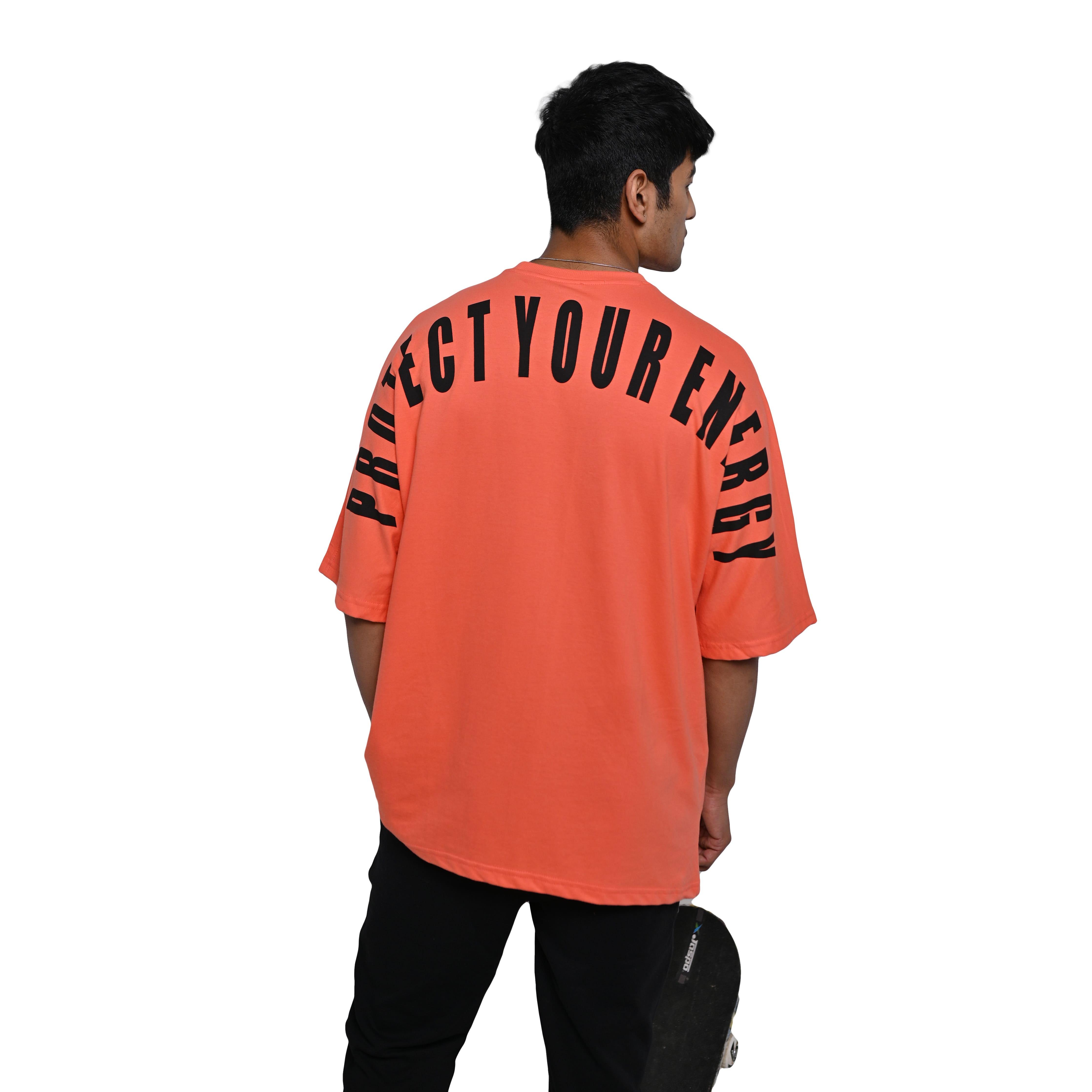 Protect Your Energy T-Shirt: Rust Orange, Oversized, Back Model Pose, Bio-Washed Cotton Printed by Techno Be With You