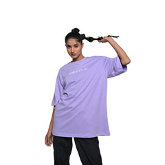 Raver T-Shirt: Lavender, Oversized, Front Model Pose, Bio-Washed Cotton Printed by Techno Be With You