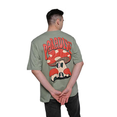 Magic Mushroom T-Shirt: Hunter Green, Oversized, Back Model Pose, Bio-Washed Cotton Printed by Techno Be With You