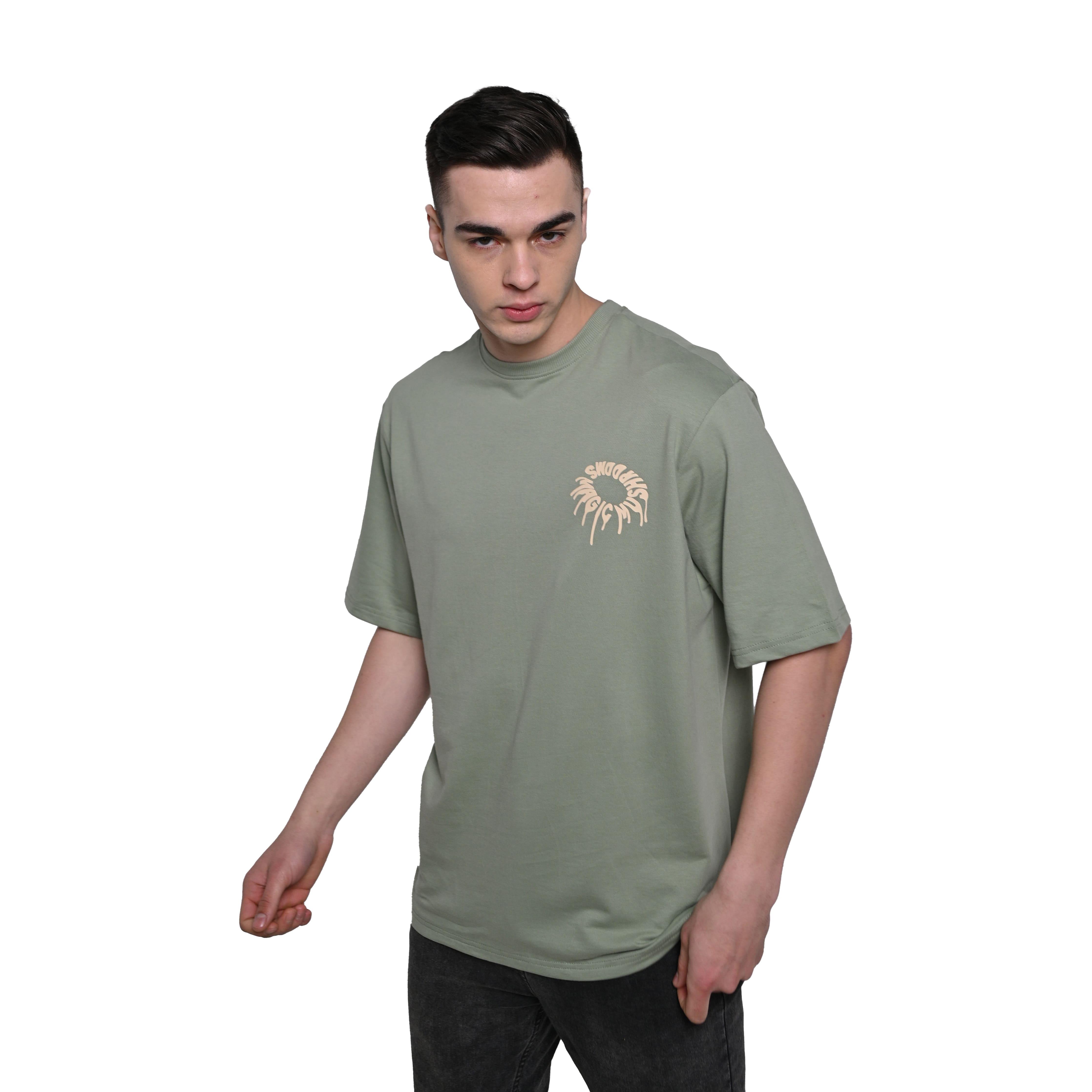 Magic Mushroom T-Shirt: Hunter Green, Oversized, Front Model Pose, Bio-Washed Cotton Printed by Techno Be With You