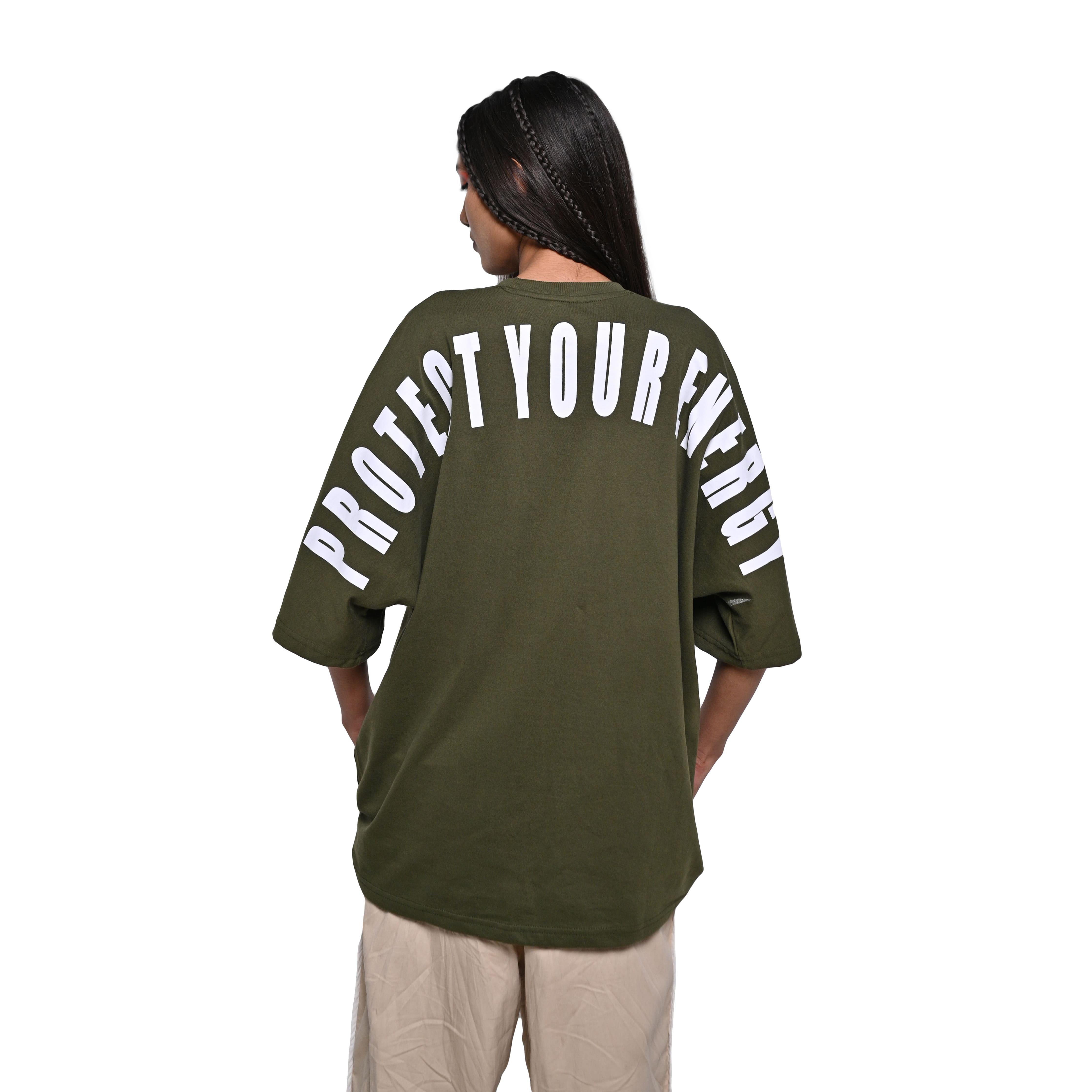 Protect Your Energy T-Shirt: Green, Oversized, Back Model Pose, Bio-Washed Cotton Printed by Techno Be With You