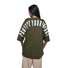 Protect Your Energy T-Shirt: Green, Oversized, Back Model Pose, Bio-Washed Cotton Printed by Techno Be With You