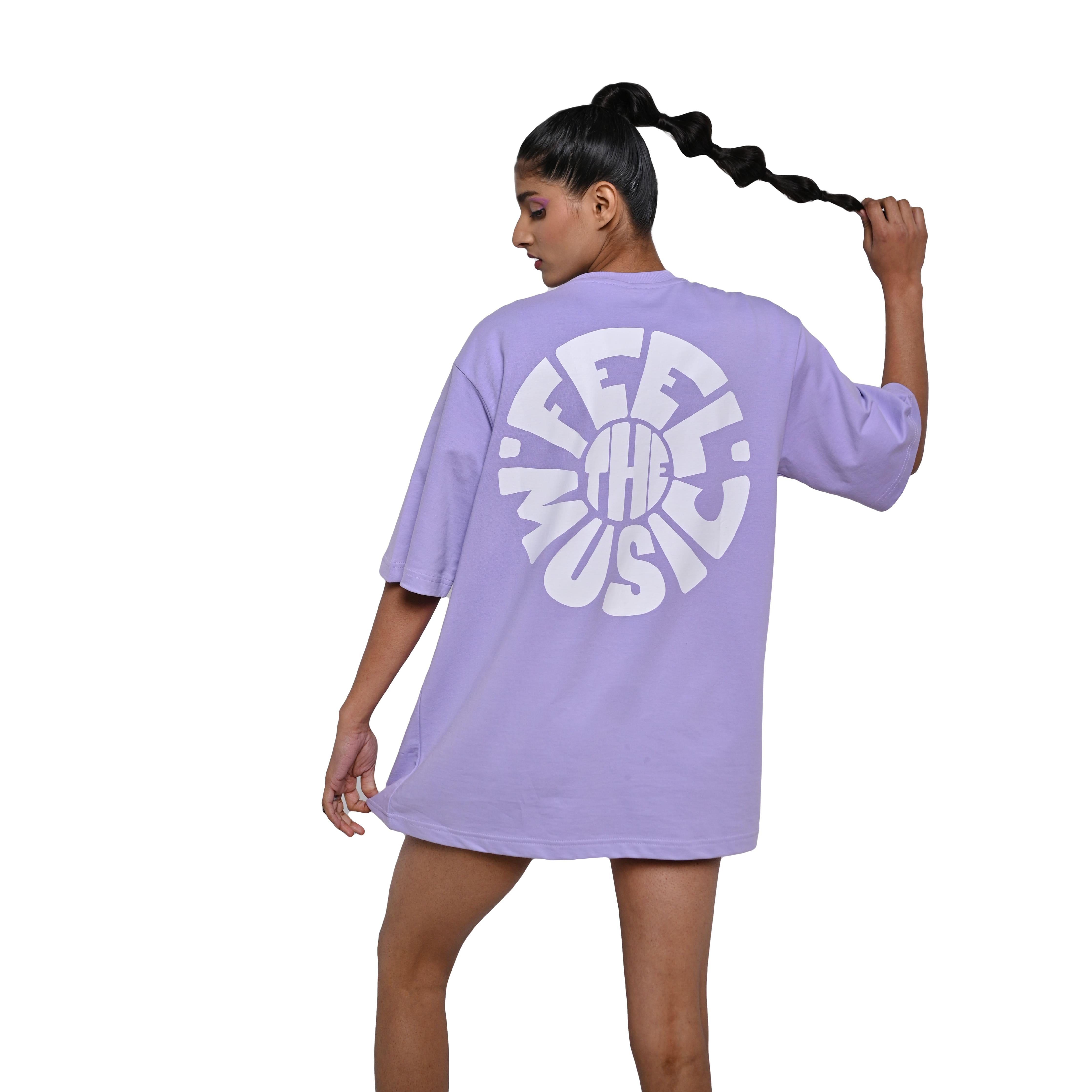 Feel the music T-Shirt: Lavender, Oversized, Back Model Pose, Bio-Washed Cotton Printed by Techno Be With You