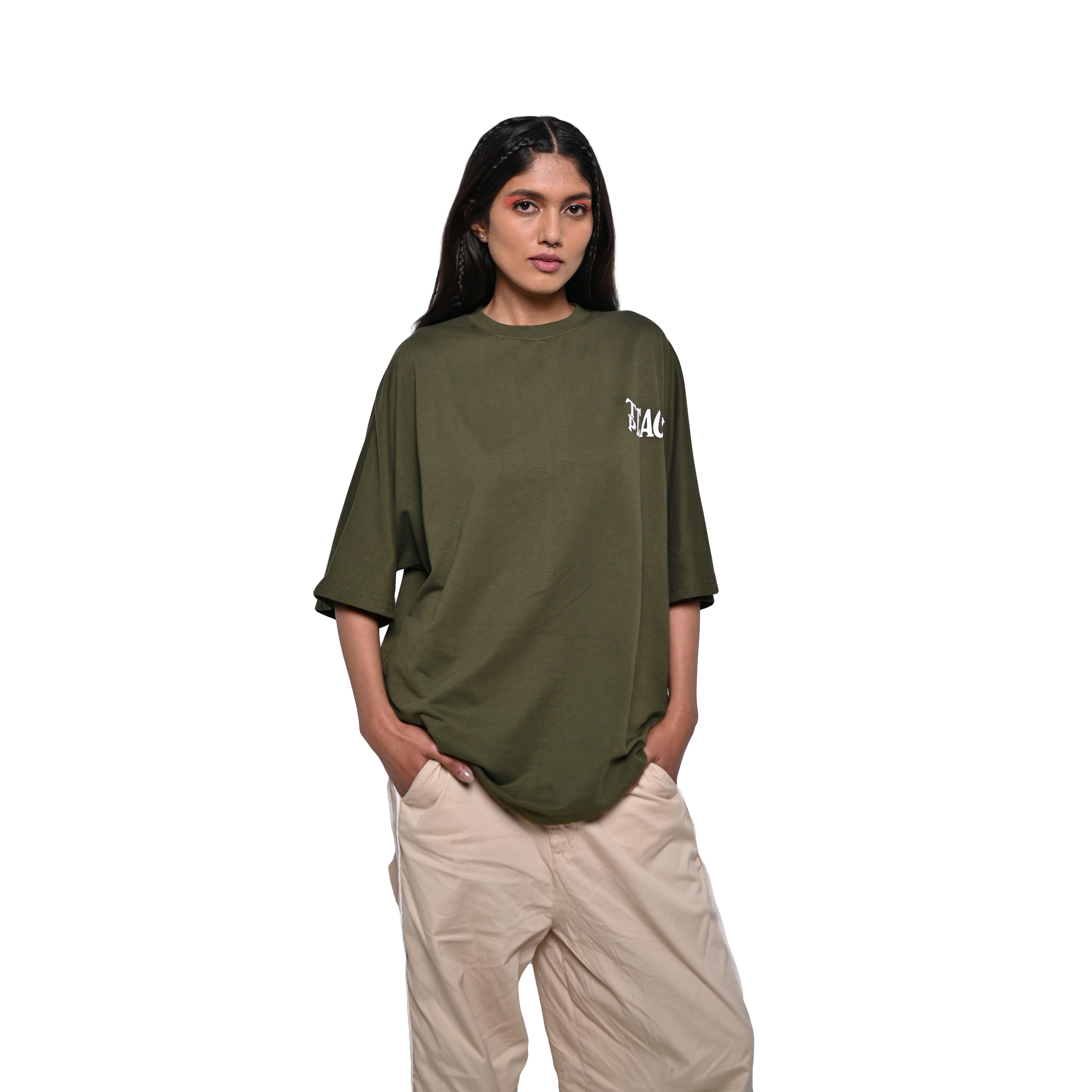 Protect Your Energy T-Shirt: Green, Oversized, Front Model Pose, Bio-Washed Cotton Printed by Techno Be With You