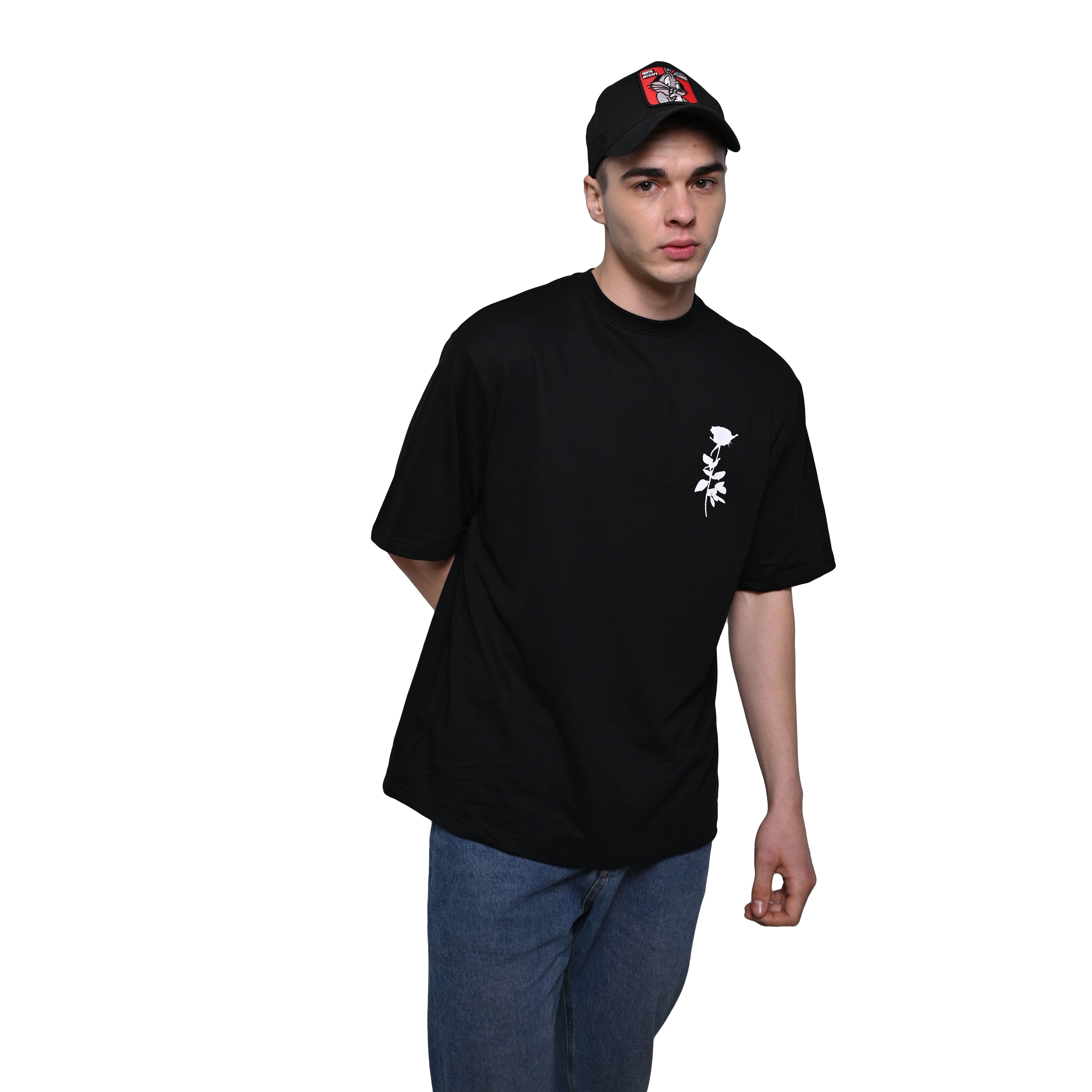 Afterthought Oversized T-Shirt: Black, Oversized, Front Model Pose, Bio-Washed Cotton Printed by Techno Be With You