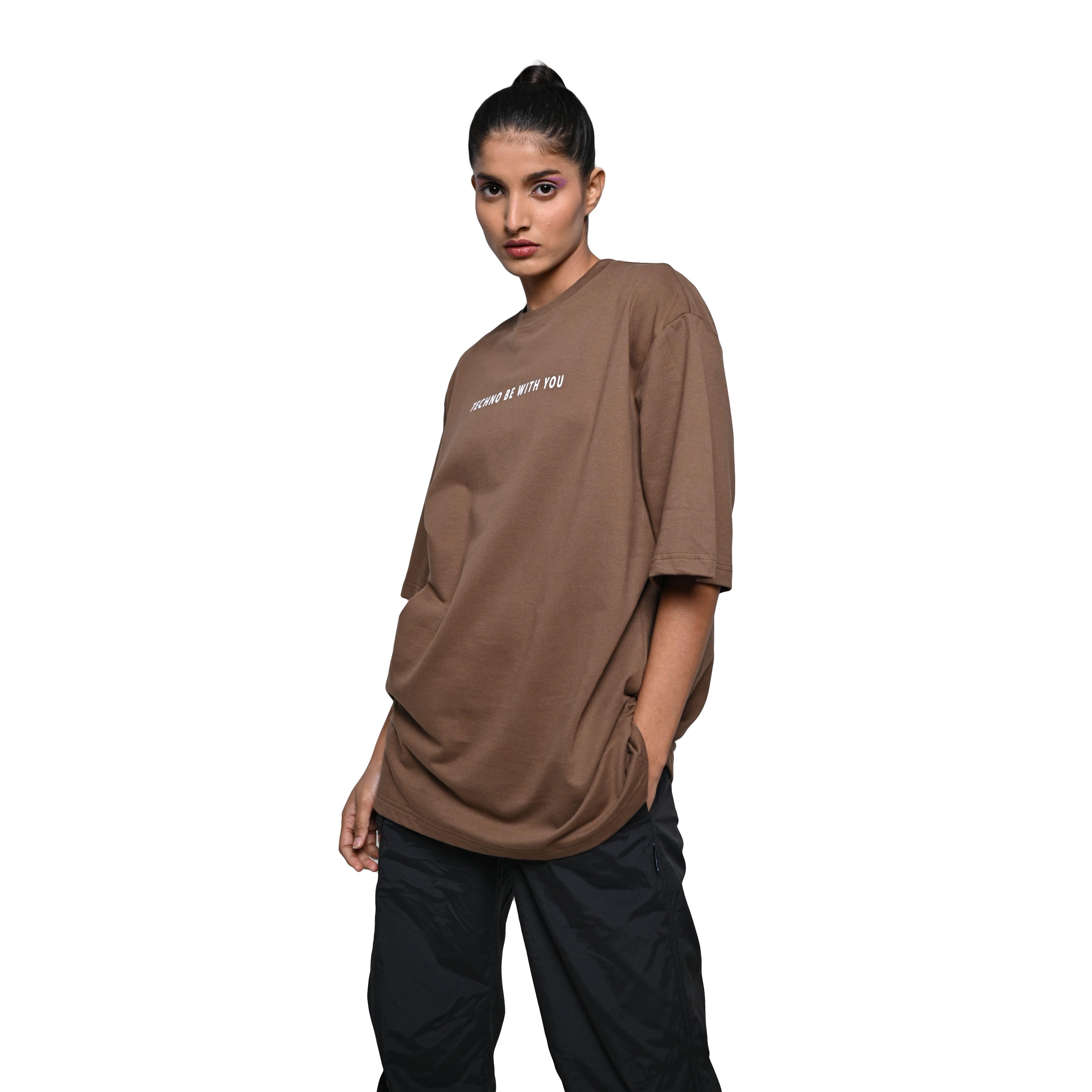 Star Trippy T-Shirt: Brown, Oversized, Front Model Pose, Bio-Washed Cotton Printed by Techno Be With You