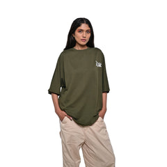 Protect Your Energy T-Shirt: Green, Oversized, Front Model Pose, Bio-Washed Cotton Printed by Techno Be With You