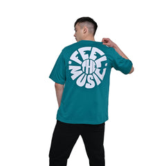 Feel the music T-Shirt: Light Blue, Oversized, Back Model Pose, Bio-Washed Cotton Printed by Techno Be With You