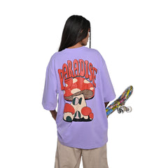 Magic Mushroom T-Shirt: Lavender, Oversized, Back Model Pose, Bio-Washed Cotton Printed by Techno Be With You