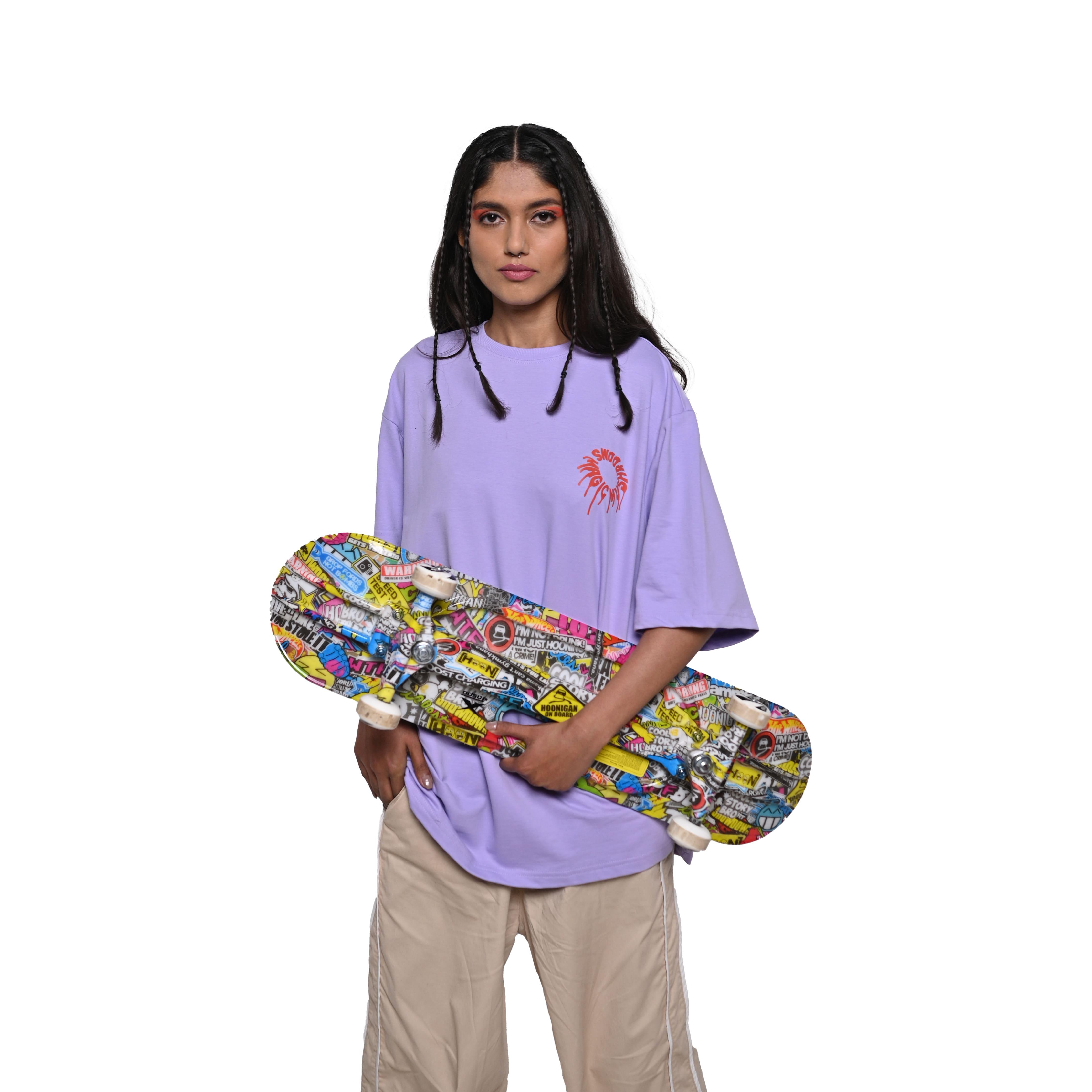 Magic Mushroom T-Shirt: Lavender, Oversized, Front Model Pose, Bio-Washed Cotton Printed by Techno Be With You