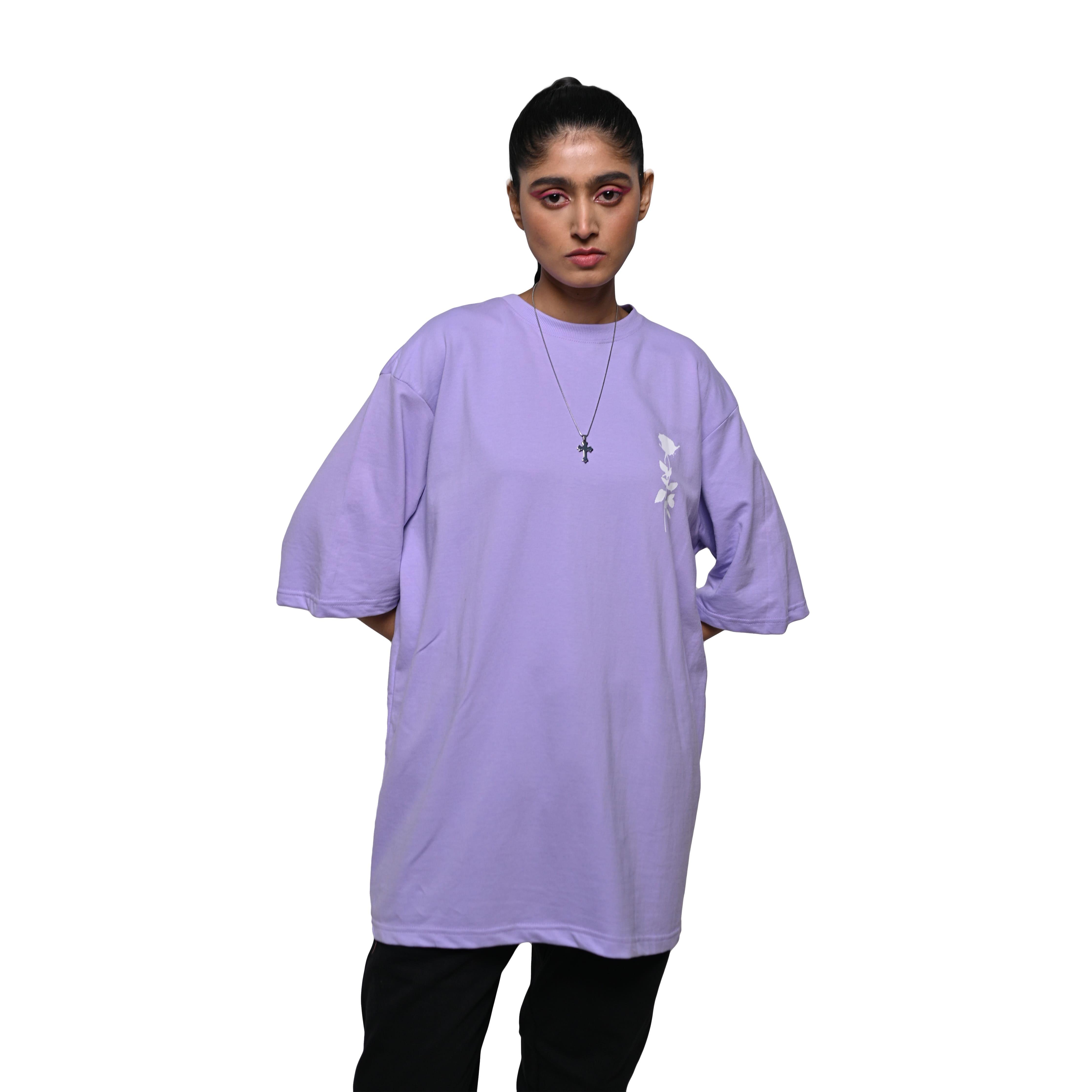 Afterthought Oversized T-Shirt: Lavender, Oversized, Front Model Pose, Bio-Washed Cotton Printed by Techno Be With You