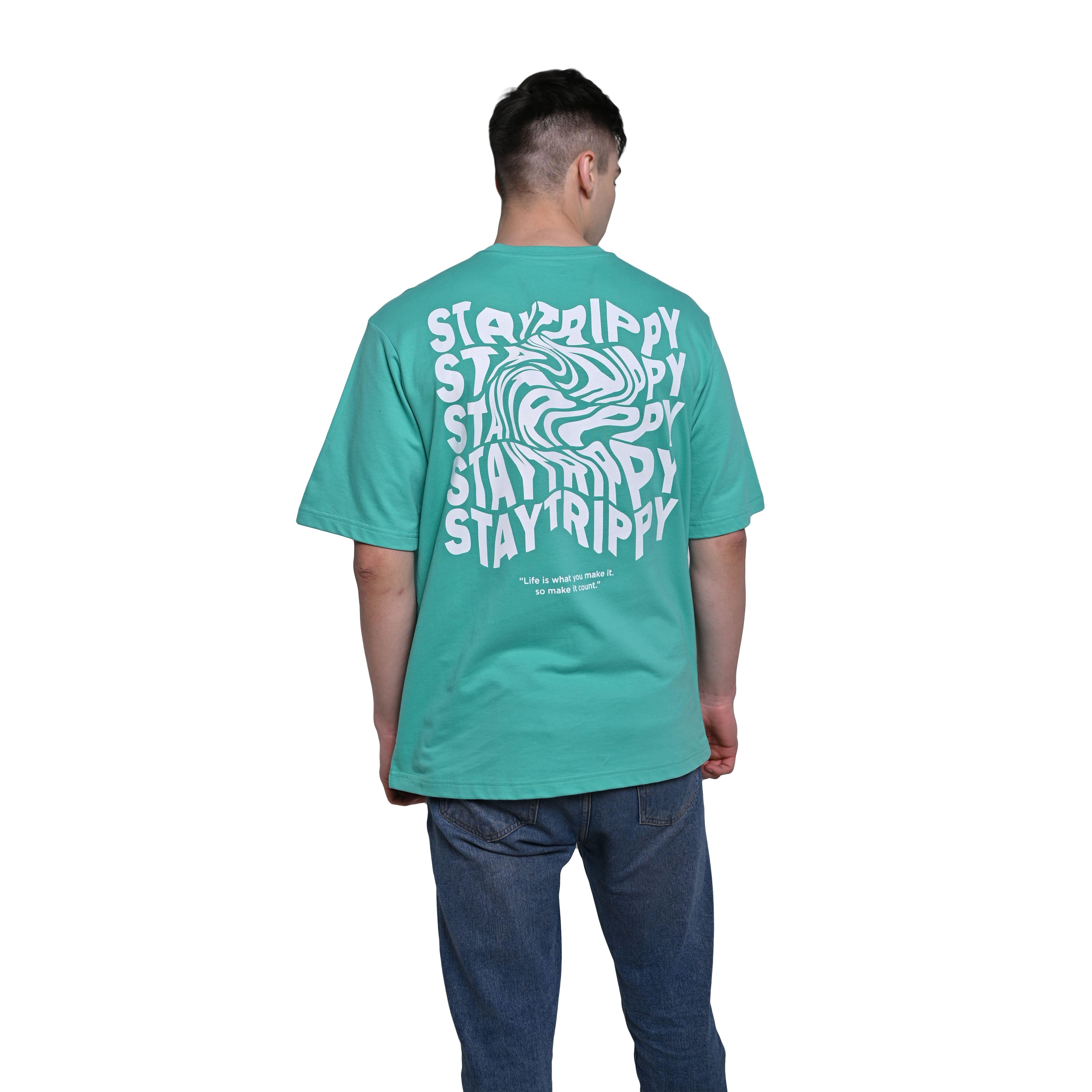 Star Trippy T-Shirt: Light Blue, Oversized, Back Model Pose, Bio-Washed Cotton Printed by Techno Be With You