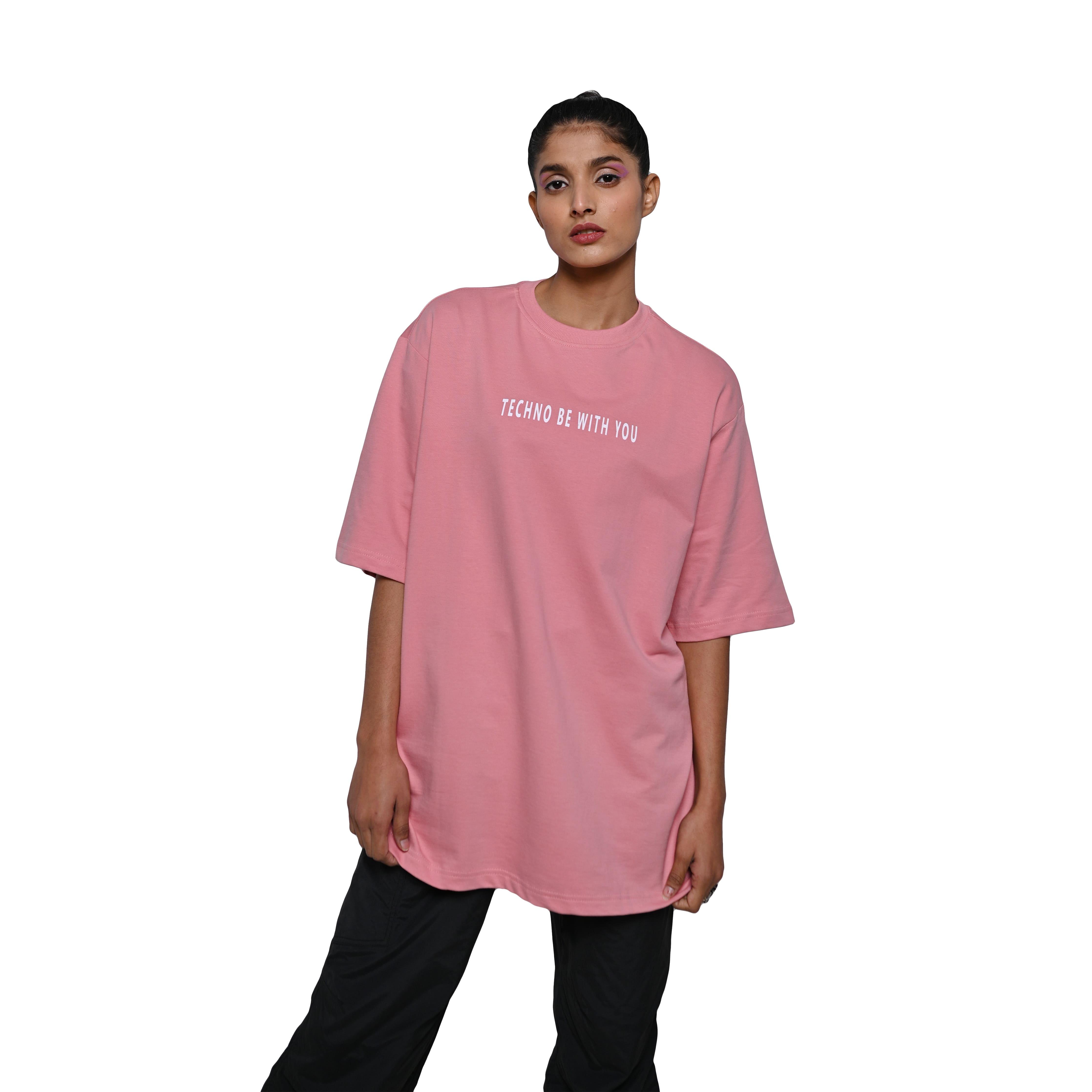 Raver T-Shirt: Lilac, Oversized, Front Model Pose, Bio-Washed Cotton Printed by Techno Be With You