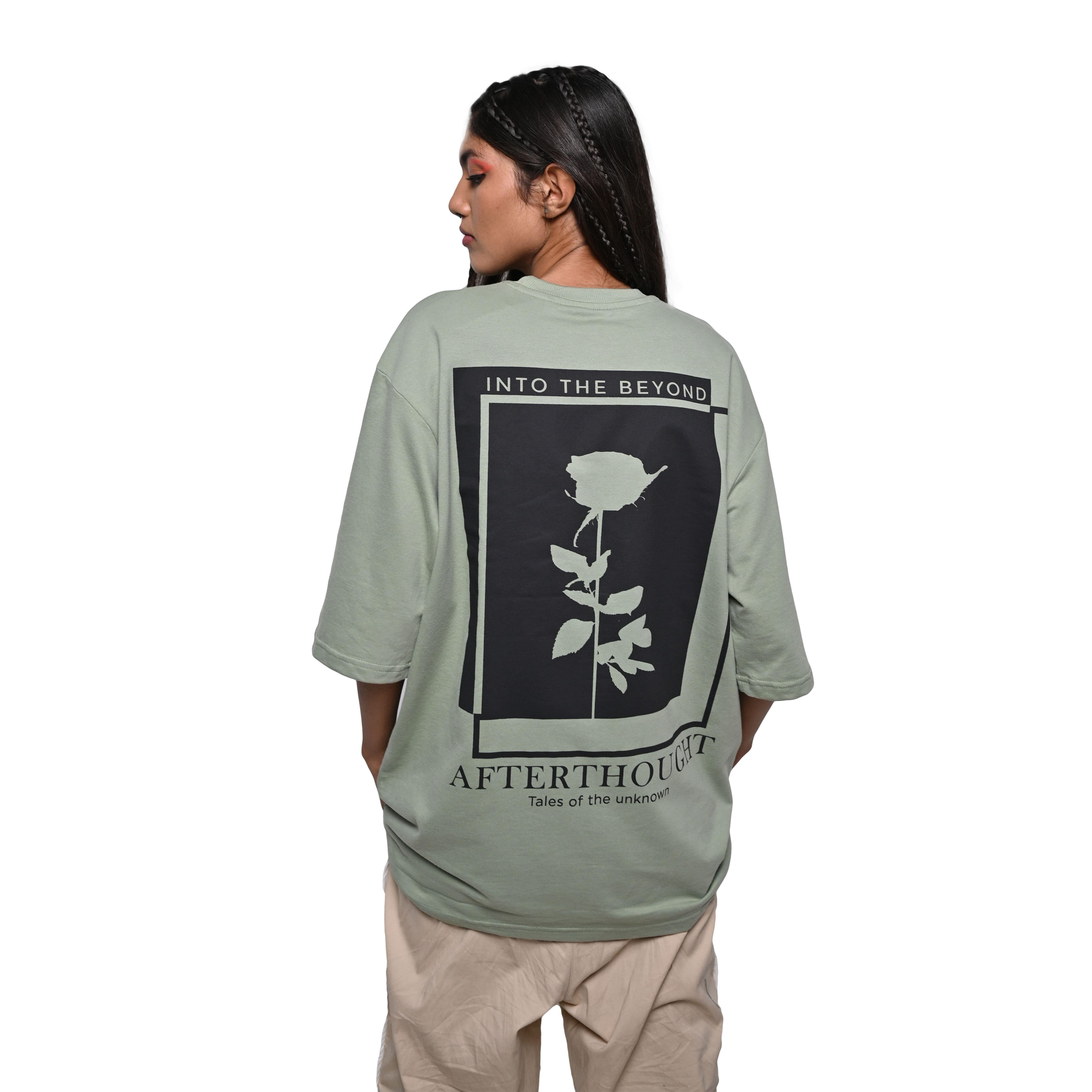 Afterthought Oversized T-Shirt: Hunter Green, Oversized, Back Model Pose, Bio-Washed Cotton Printed by Techno Be With You