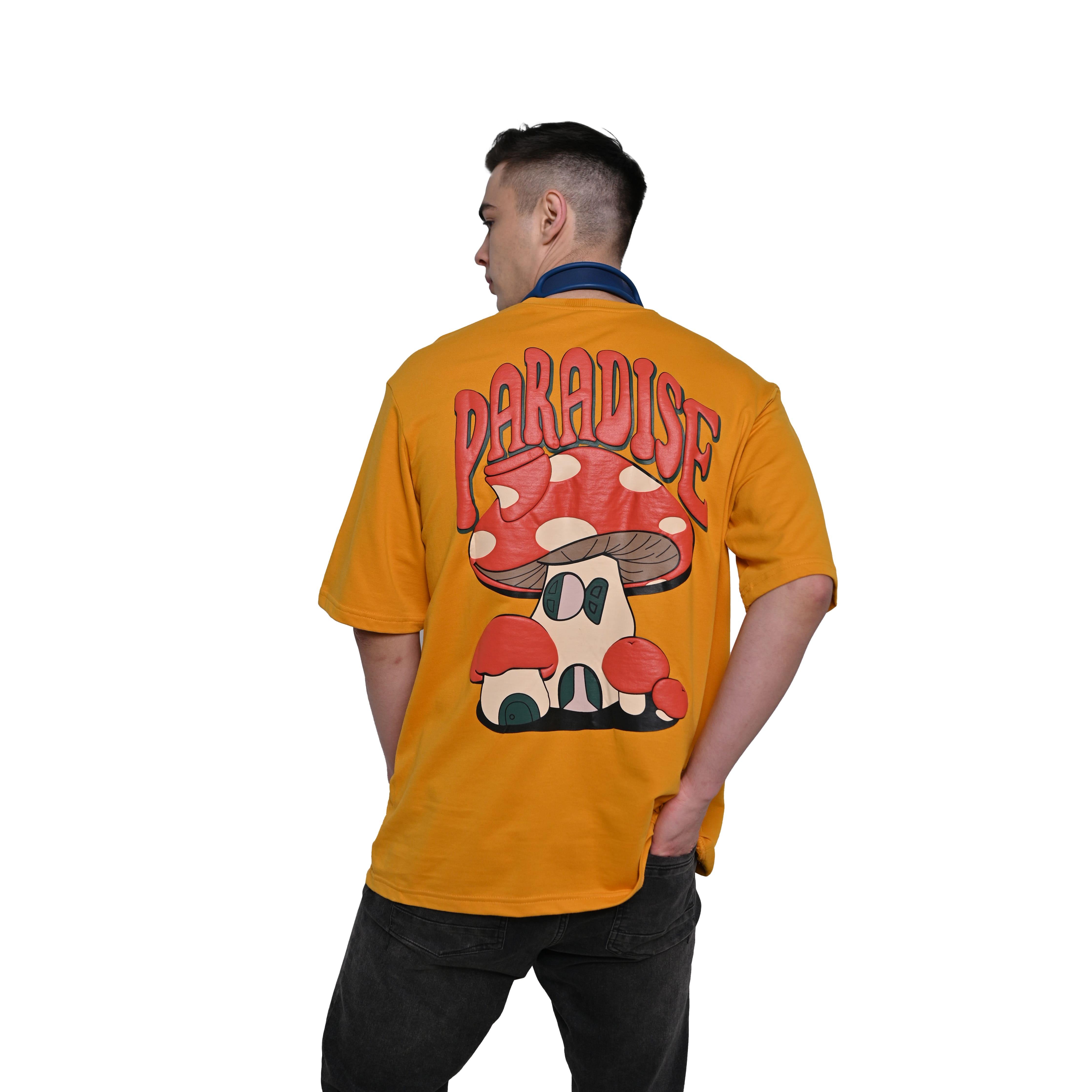 Magic Mushroom T-Shirt: Yellow, Oversized, Back Model Pose, Bio-Washed Cotton Printed by Techno Be With You