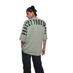 Protect Your Energy T-Shirt: Hunter Green, Oversized, Back Model Pose, Bio-Washed Cotton Printed by Techno Be With You