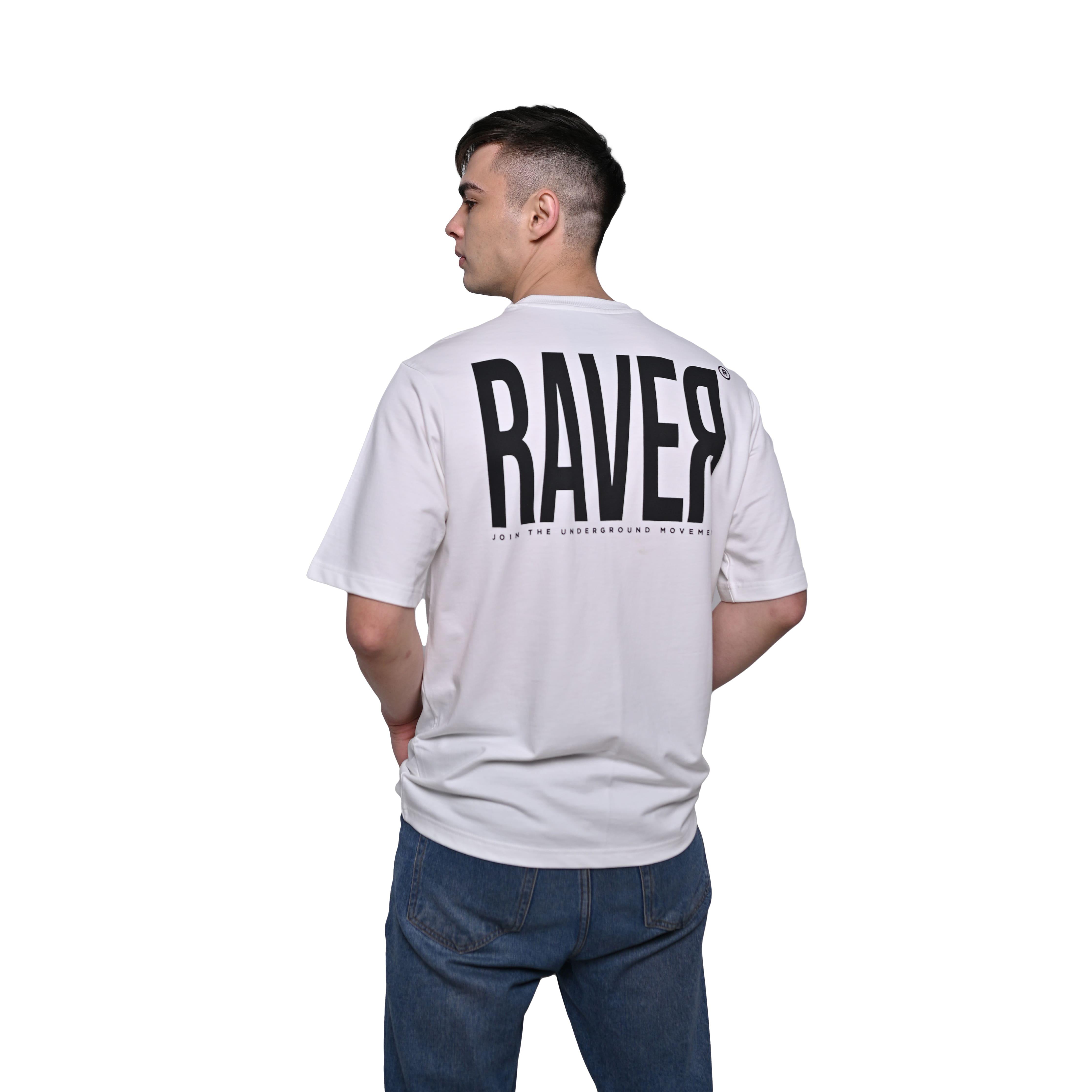 Raver T-Shirt: White, Oversized, Back Model Pose, Bio-Washed Cotton Printed by Techno Be With You