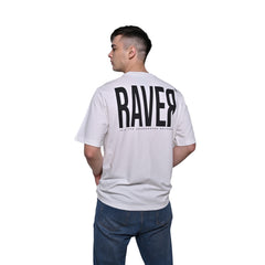Raver T-Shirt: White, Oversized, Back Model Pose, Bio-Washed Cotton Printed by Techno Be With You