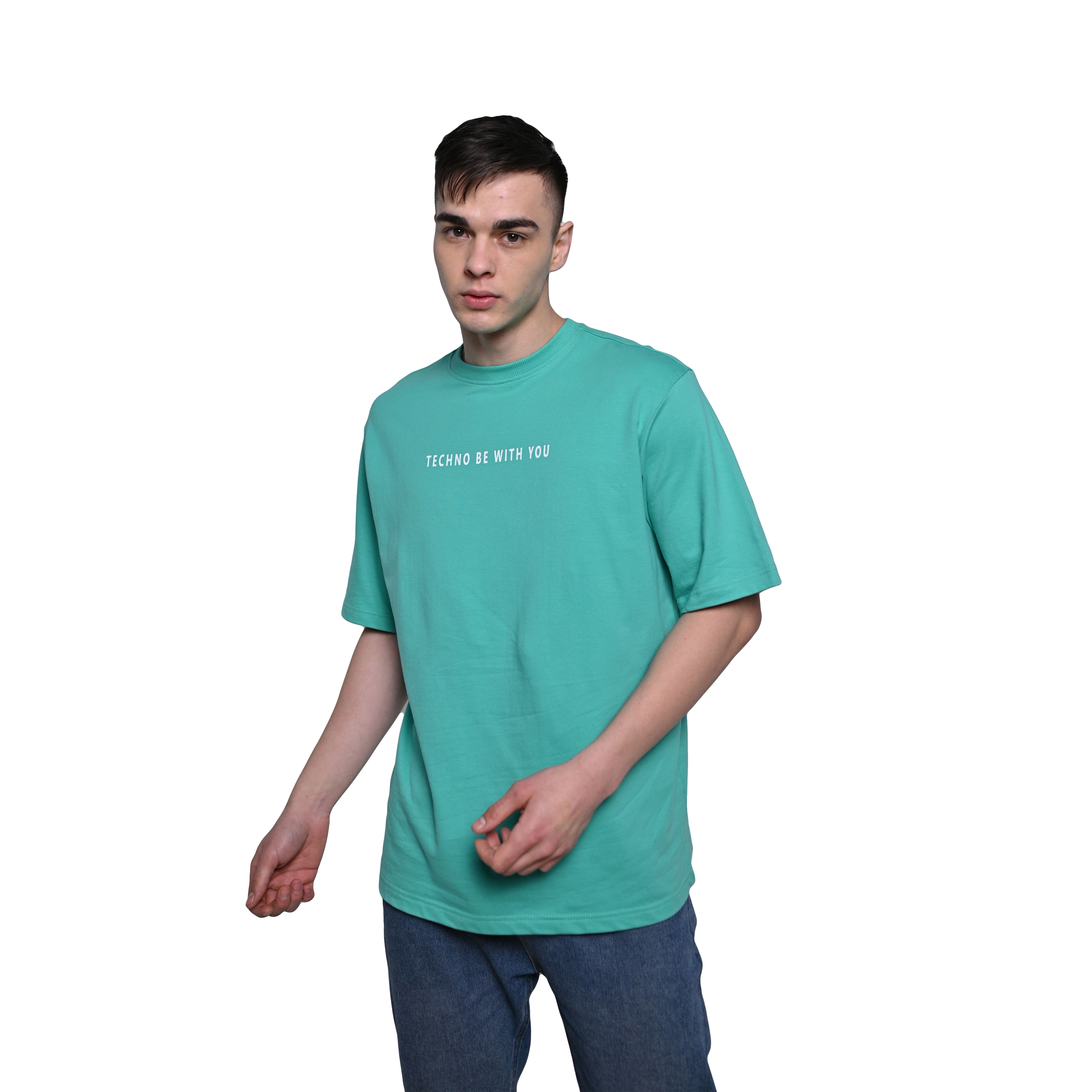 Star Trippy T-Shirt: Light Blue, Oversized, Front Model Pose, Bio-Washed Cotton Printed by Techno Be With You