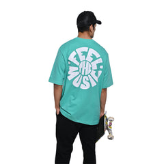 Feel the music T-Shirt: Bright Blue, Oversized, Back Model Pose, Bio-Washed Cotton Printed by Techno Be With You