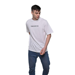 Raver T-Shirt: White, Oversized, Front Model Pose, Bio-Washed Cotton Printed by Techno Be With You